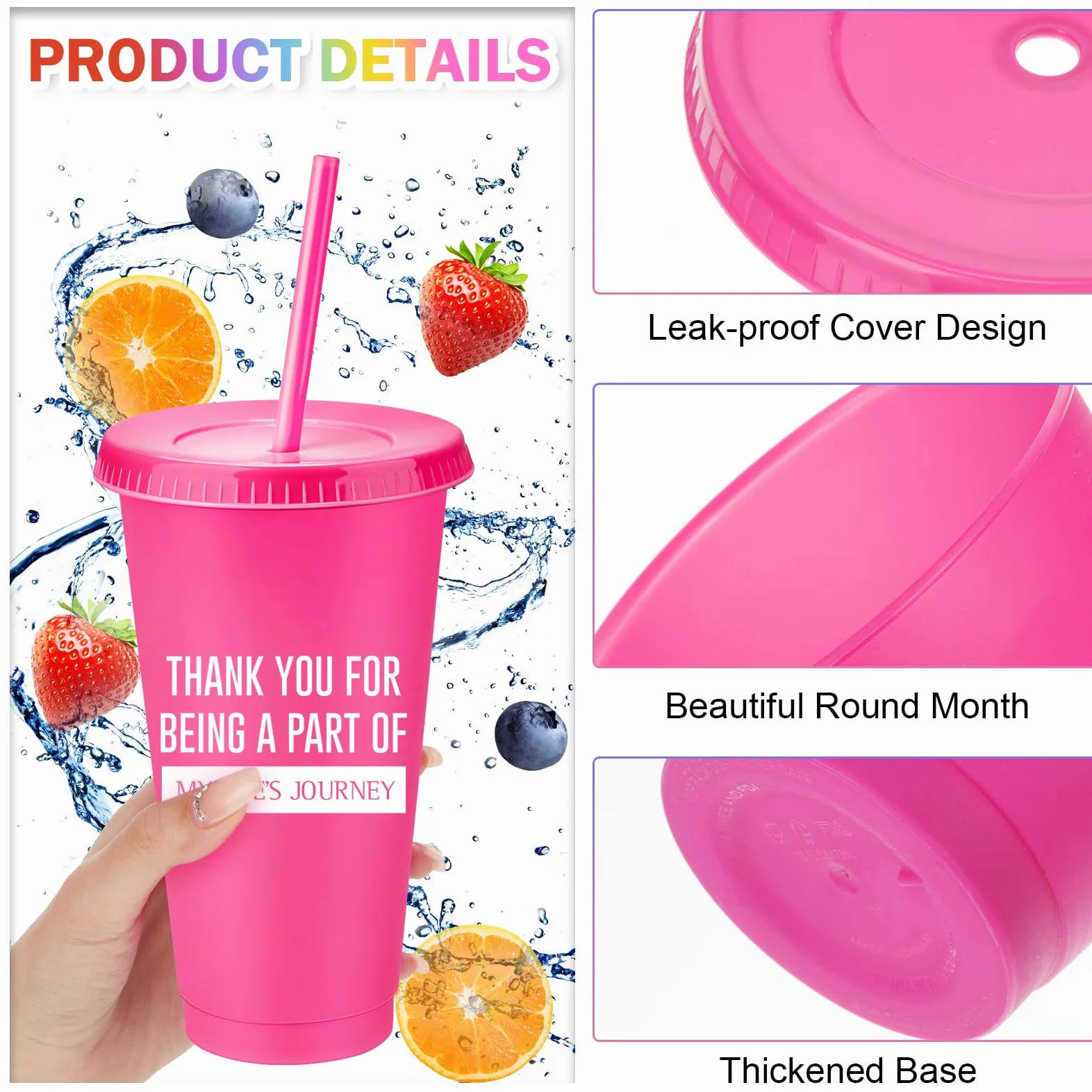 Nuenen Lot de 50 gobelets de reconnaissance des employés avec paille et couvercle - Bouteille d'eau en plastique pour café glacé - 710 ml - Gobelets de remerciement inspirants pour collègue de travail