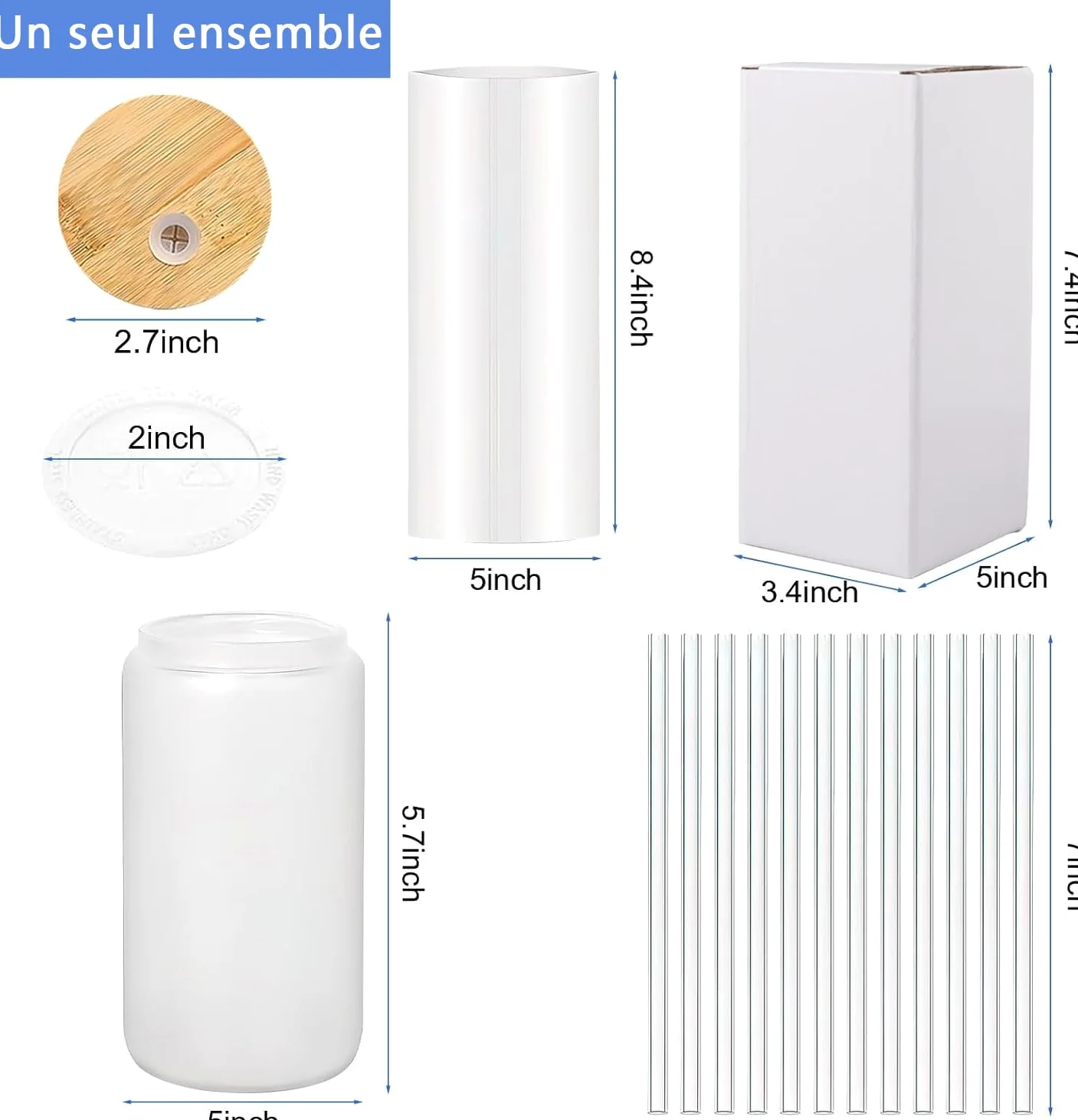 Lot de 12 Verres Givrés à Sublimation 16oz, Gobelets en Verre Borosilicate avec Couvercles en Bambou et Pailles, Blanks pour Bière, Jus, Soda, Café Glacé, Boissons