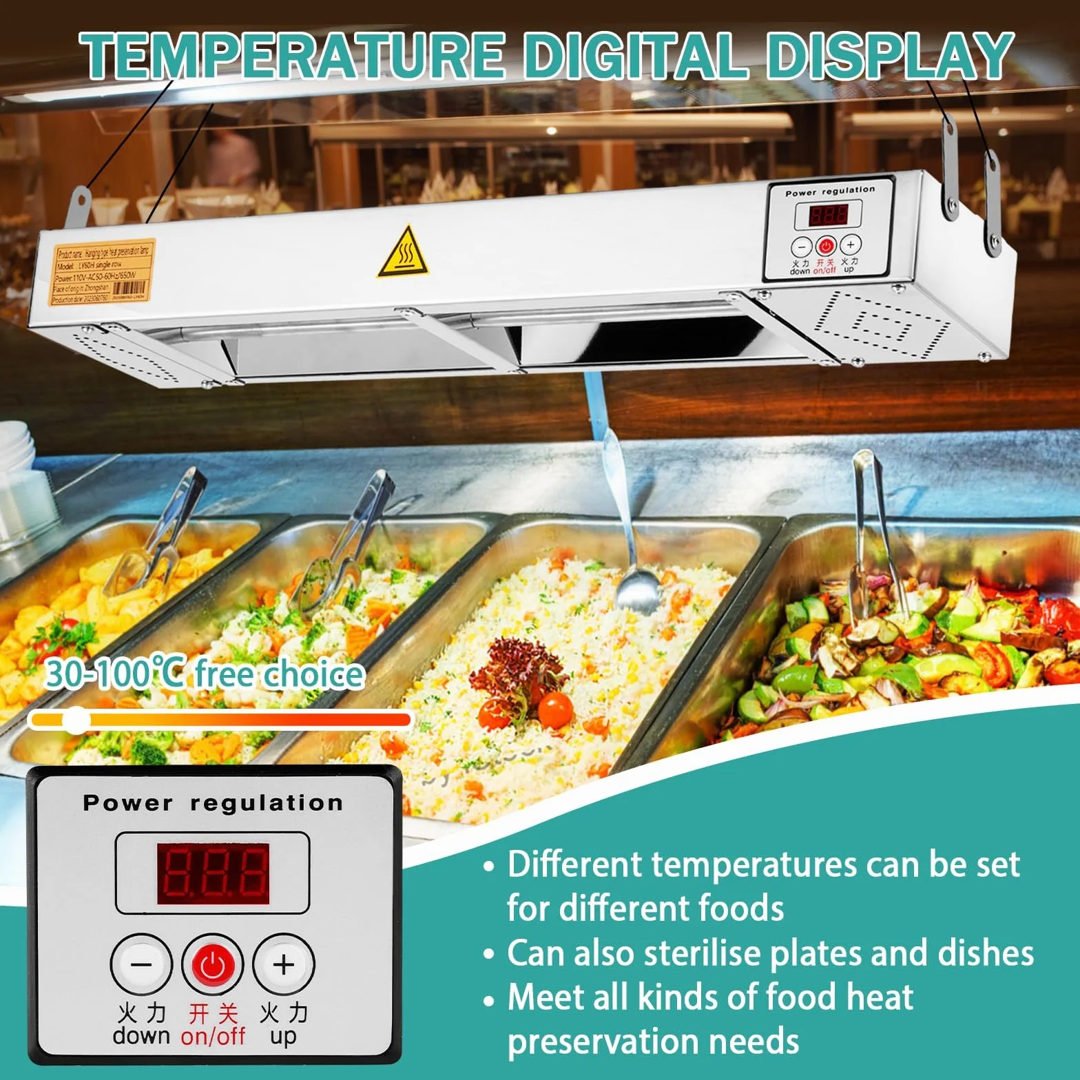 YJINGRUI Lampe chauffante pour aliments 650 W Lampe chauffante avec température réglable de 30 à 100 °C et affichage numérique pour cuisine de restaurant buffet