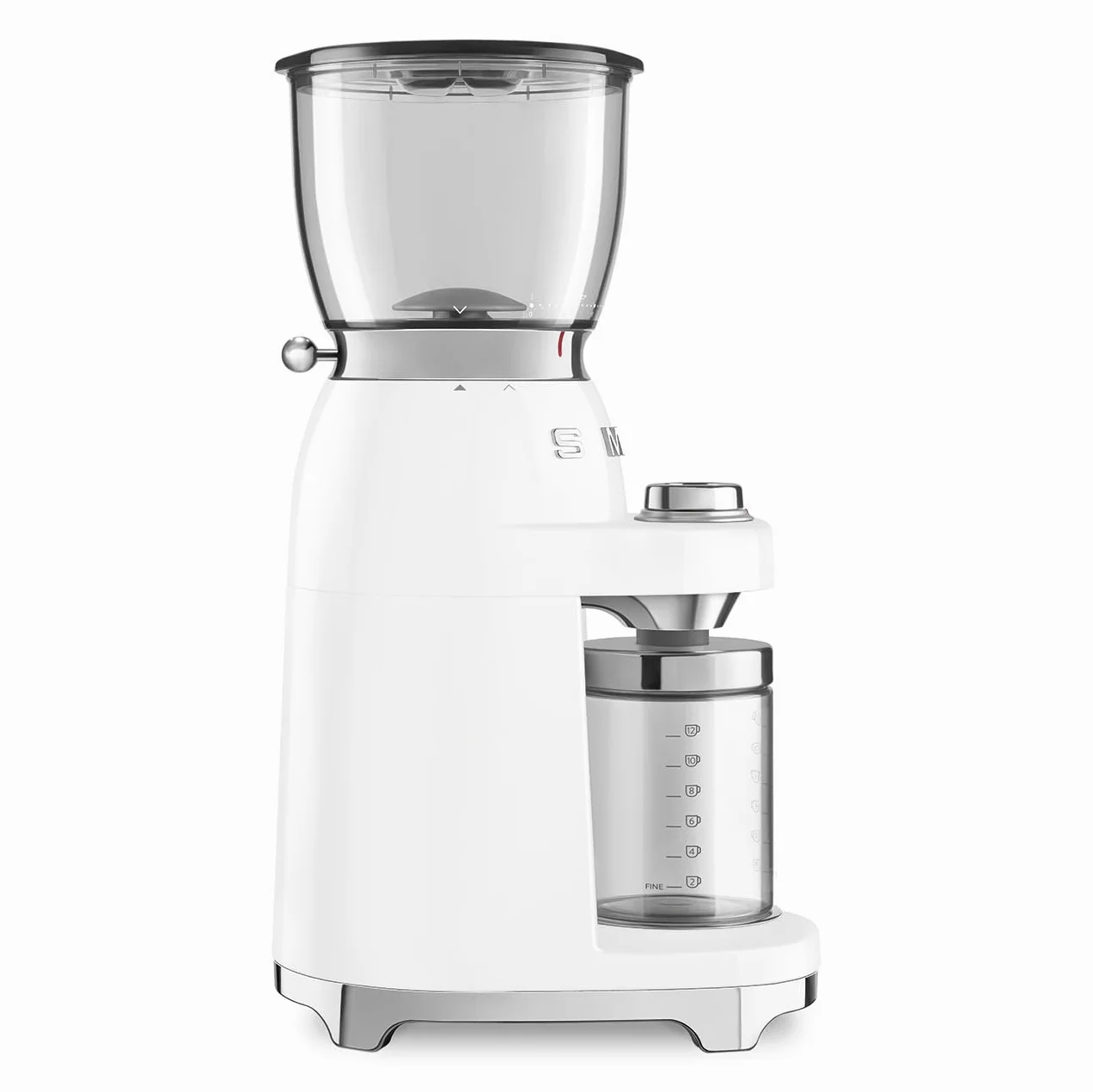 Smeg Moulin à café CGF01WHUK en aluminium, style rétro années 50, 8 réglages de programme et 3 niveaux de broyage, blanc