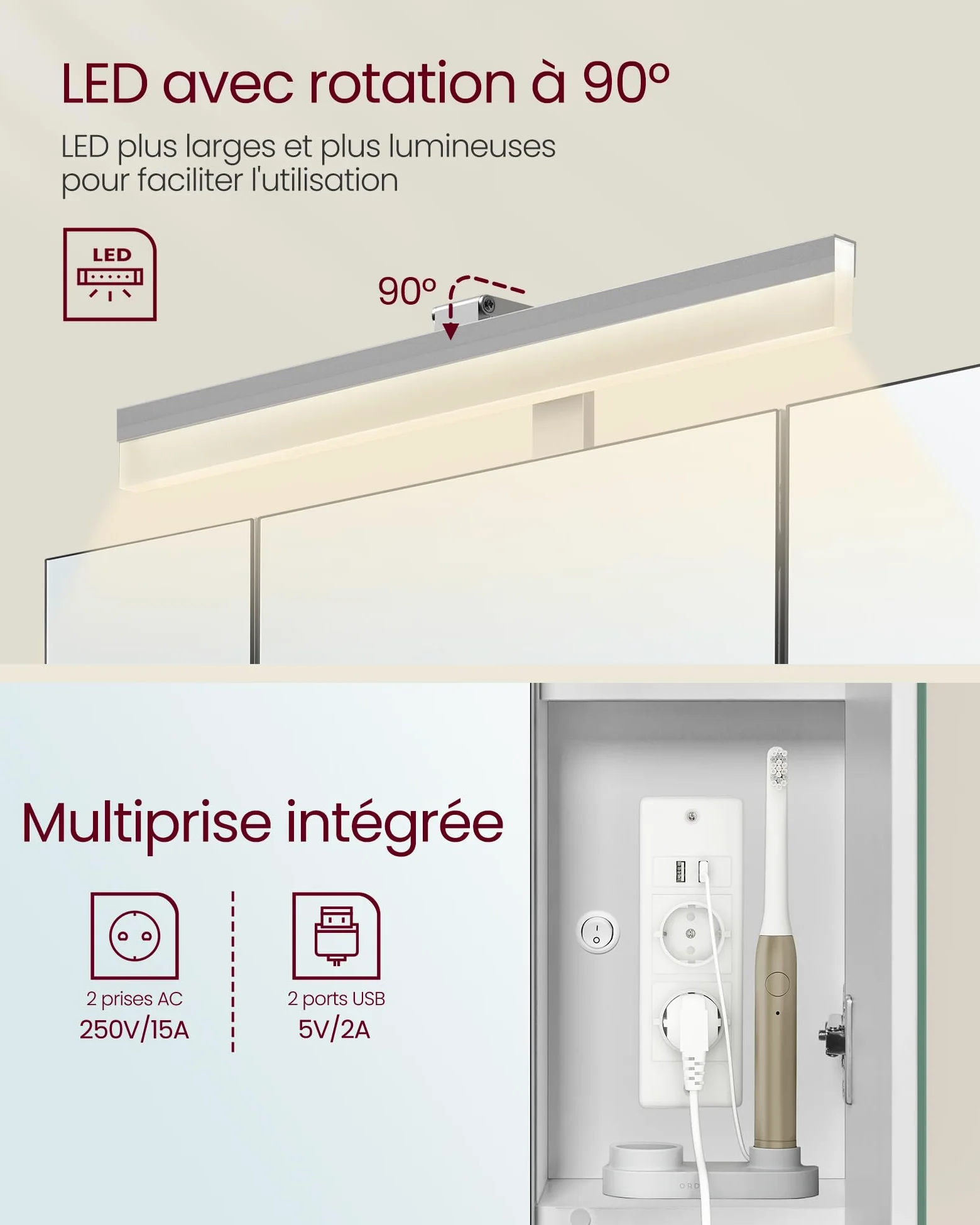 VASAGLE Meuble de Salle de Bain avec Éclairage LED, 16,5 x 70 x 75 cm, Multiprise, Panier Suspendu, Support pour Sèche-Cheveux, pour Salle de Bain, Lavabo, Blanc Nuage BBK126W01