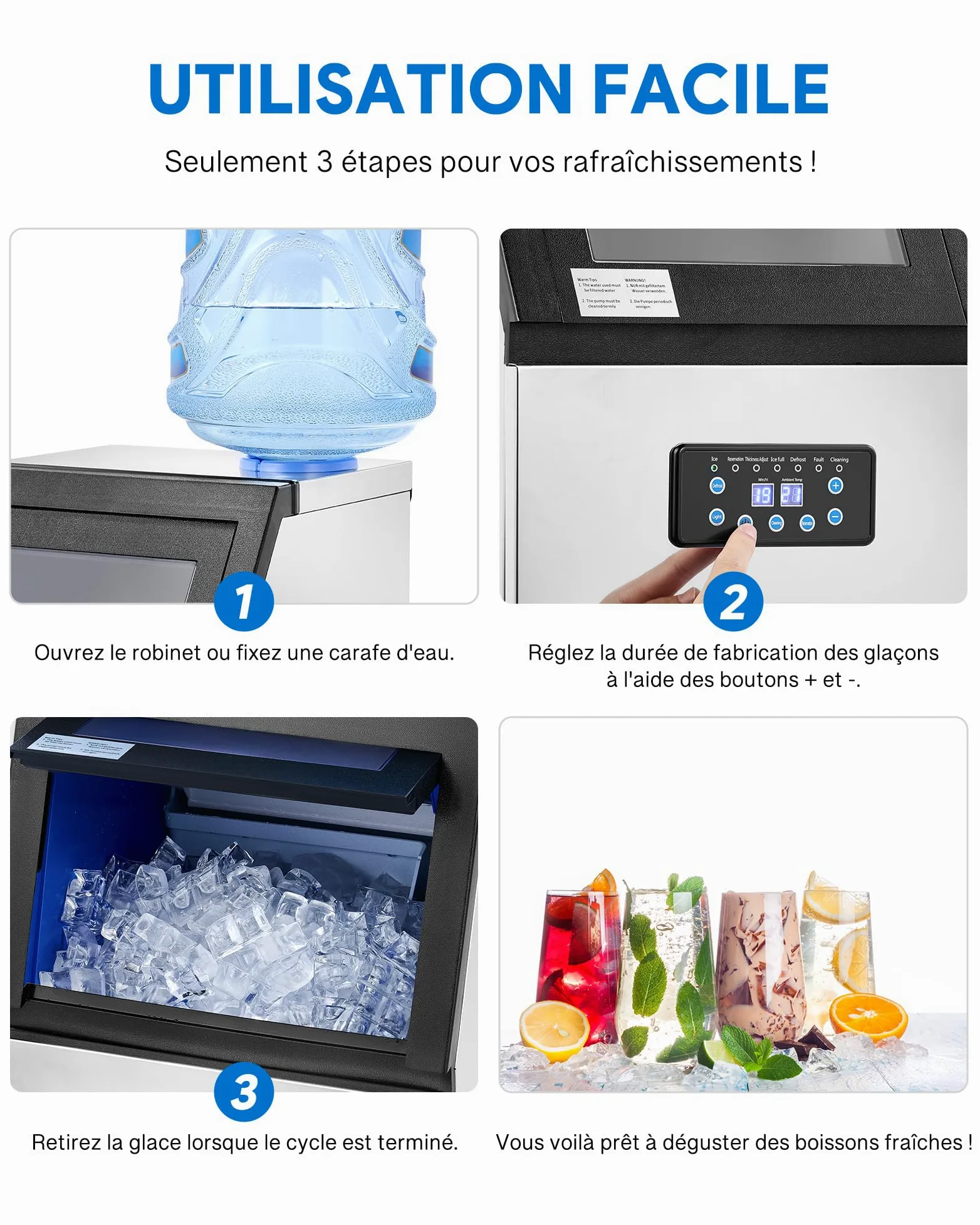 CREWORKS Machine à Glaçons Commerciale 480W 73kg/24h Ice Maker Professionnel 45 Pièces Écran LCD Storage de 10kg pour Maison Bureau Restaurant Bar Café