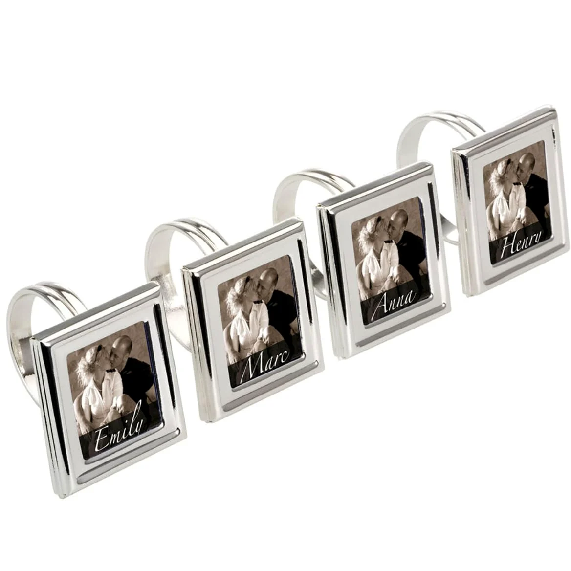 Lot de 4 ronds de serviette photo rectangulaires 4,5 x 4 cm - Décoration de table - Plaqué argent de qualité supérieure - Prêt à offrir dans un emballage cadeau chic
