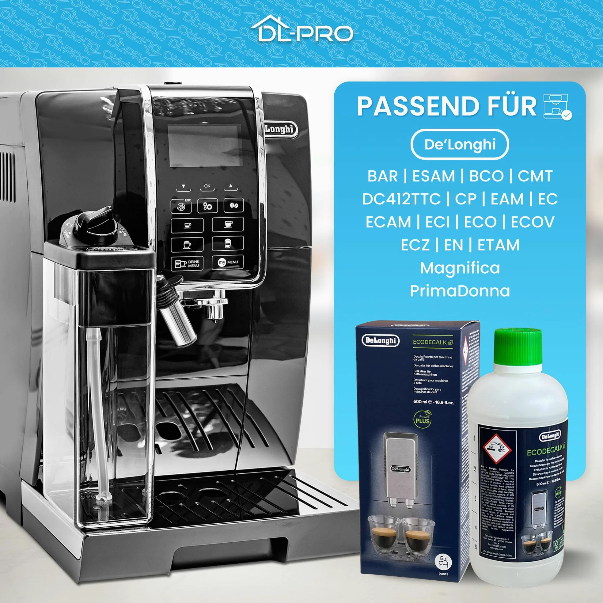 DL-pro Lot de 2 détartrants 500 ml pour machine à café DeLonghi 5513296041 SER3018 DLSC500 EcoDecalk avec brosse de nettoyage DL-pro pour machine à café automatique