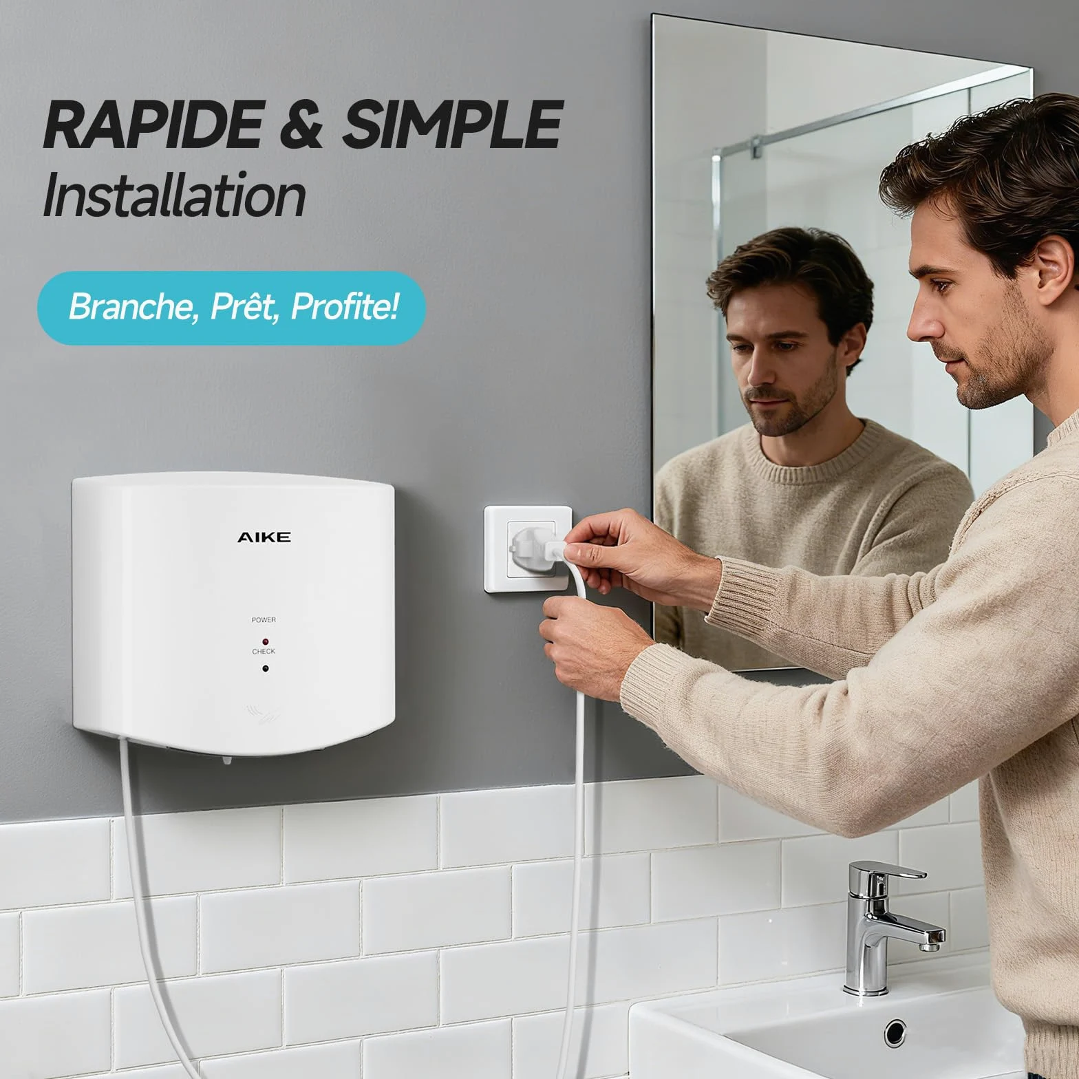 AIKE Air Wiper Sèche-Mains Compact, Séchage Rapide, 1400W 220V, Branchez & Utilisez, sans Papier & sans Contact pour Sanitaires Publics, AK2630S (Blanc)