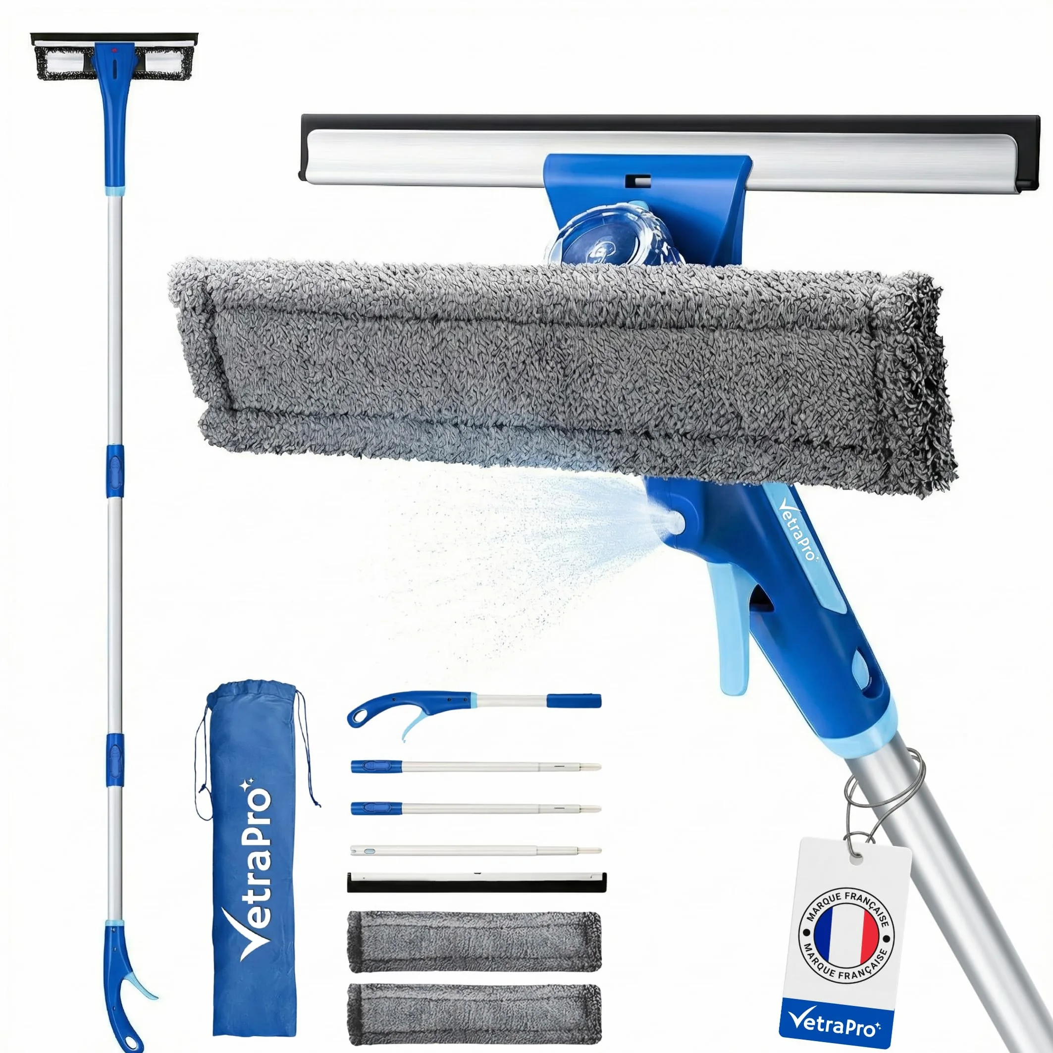 Raclette Vitre Professionnelle – Lave Vitre 4 en 1 avec Manche Télescopique 25 à 225 cm et Pulvérisateur pour Nettoyant Vitre – Nettoyeur Vitre pour Un Nettoyage Impeccable - Kit Polyvalent