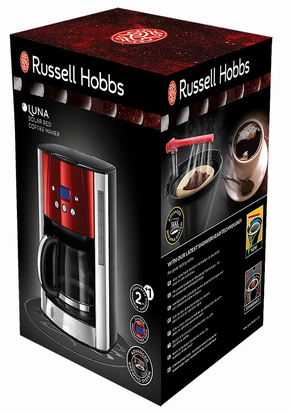Russell Hobbs Cafetière [Technologie WhirlTech-extraction optimale] Luna rouge (1000W,Verseuse en verre 1,5L, 12 tasses, Programmable, Minuteur digital, Auto-Nettoyante) Machine à café filtre 23240-56