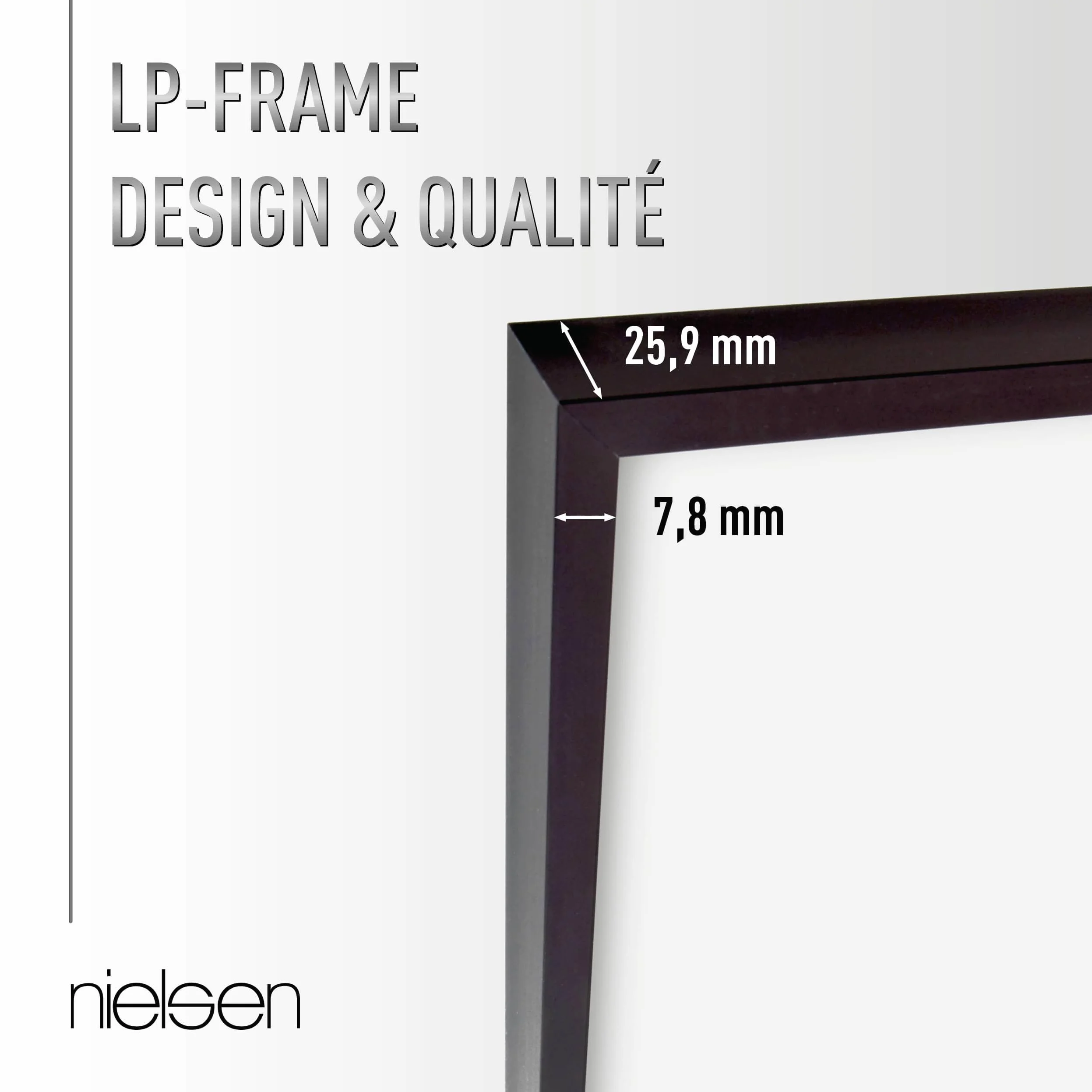 nielsen cadre disque, 31,4 x 31,6 cm, aluminium, Noir mat, cadre vinylepour accrocherau format paysage et portrait, verre synthétique, Vinyl Alu