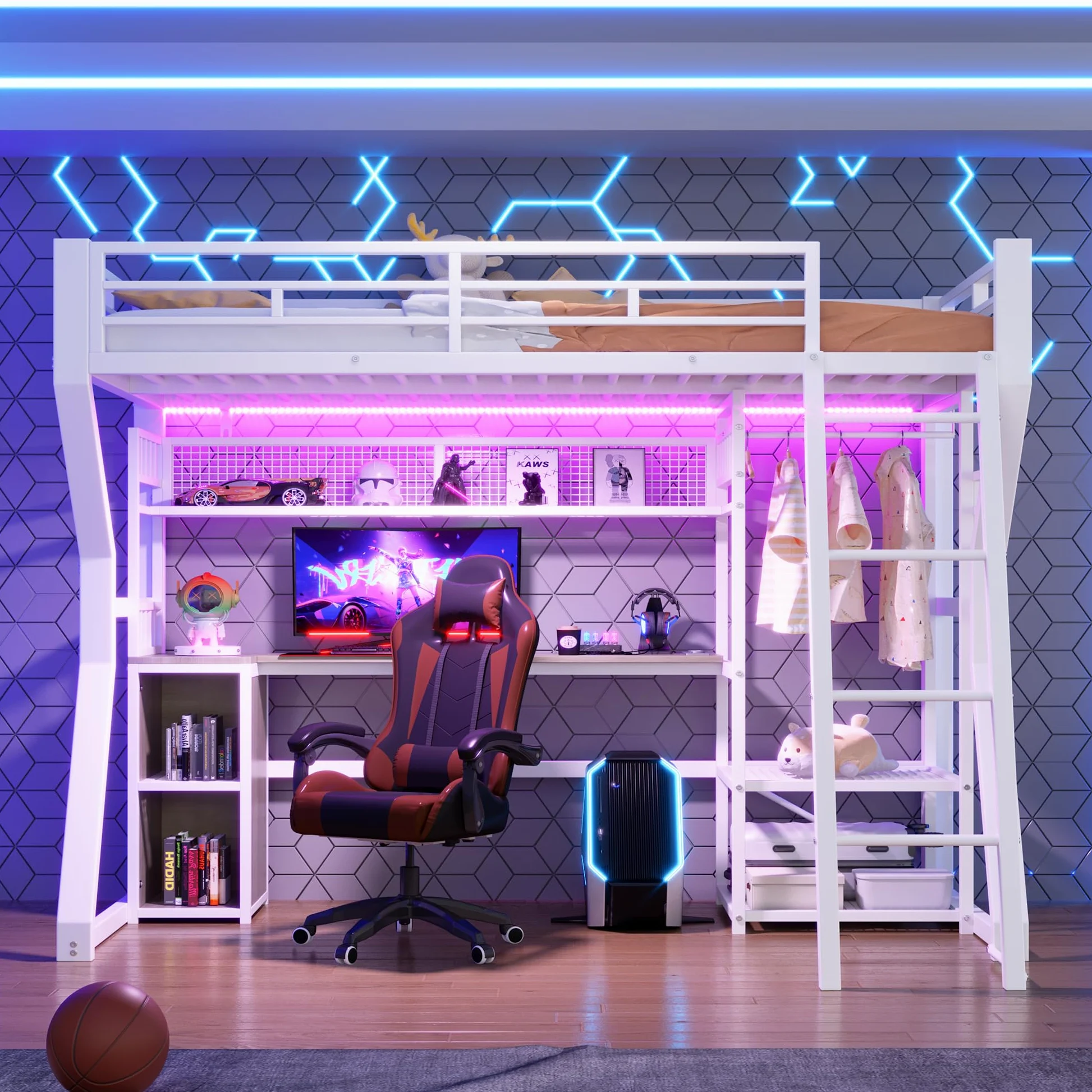 Lit Mezzanine Enfant 90x200cm avec Bande LED et Prise Électrique,Lit Superposé 1 Places en Métal avec Penderie,Bureau, Rangements,Étagères,Cadre de Lit Simple per Ado,sans Matelas,Blanc