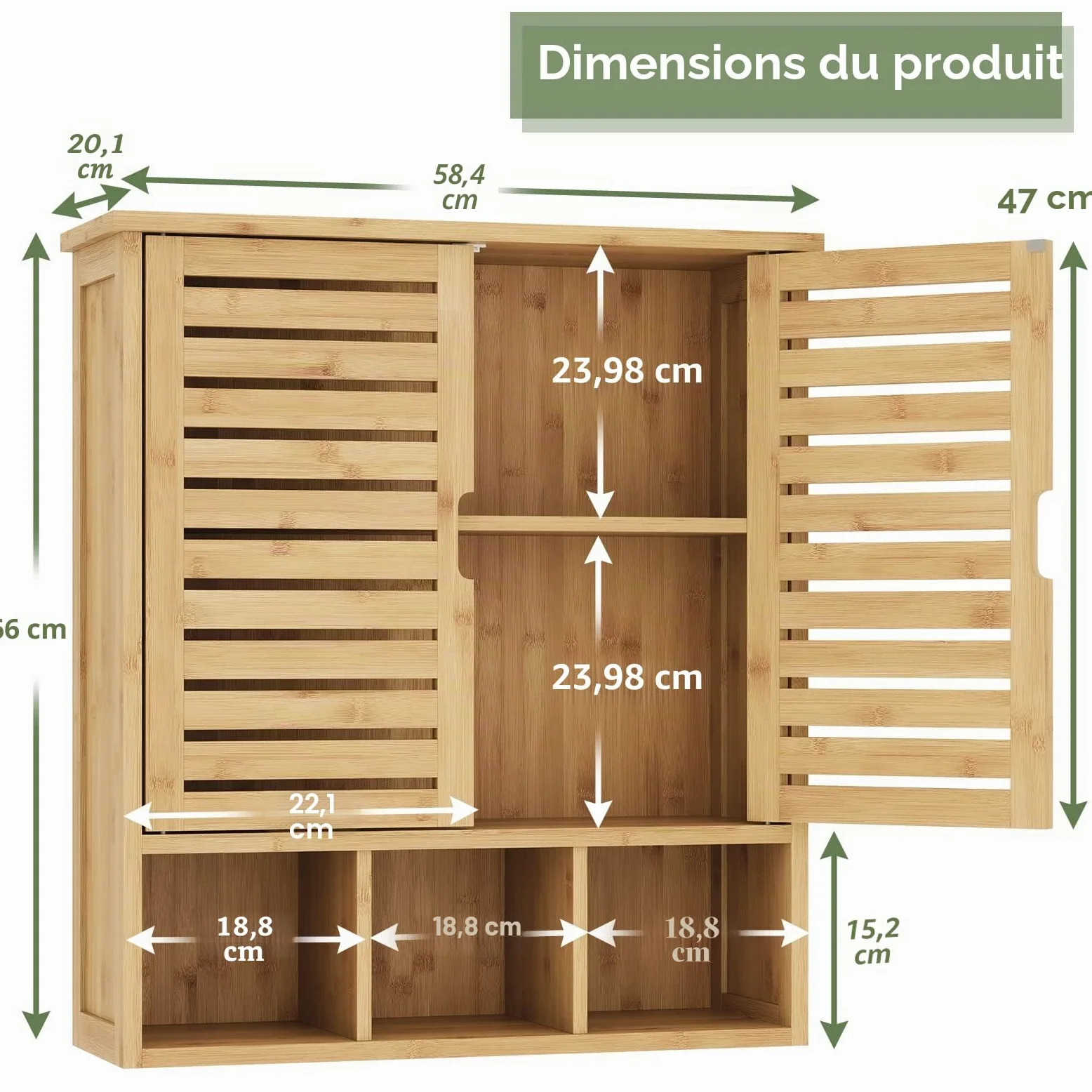 VIAGDO Armoire Murale de Salle de Bain, Meuble de Rangement avec 3 Compartiments Ouverts et Étagère Réglable, Armoire à Pharmacie Suspendue en Bambou avec 2 Portes, 59 x 21 x 67 cm