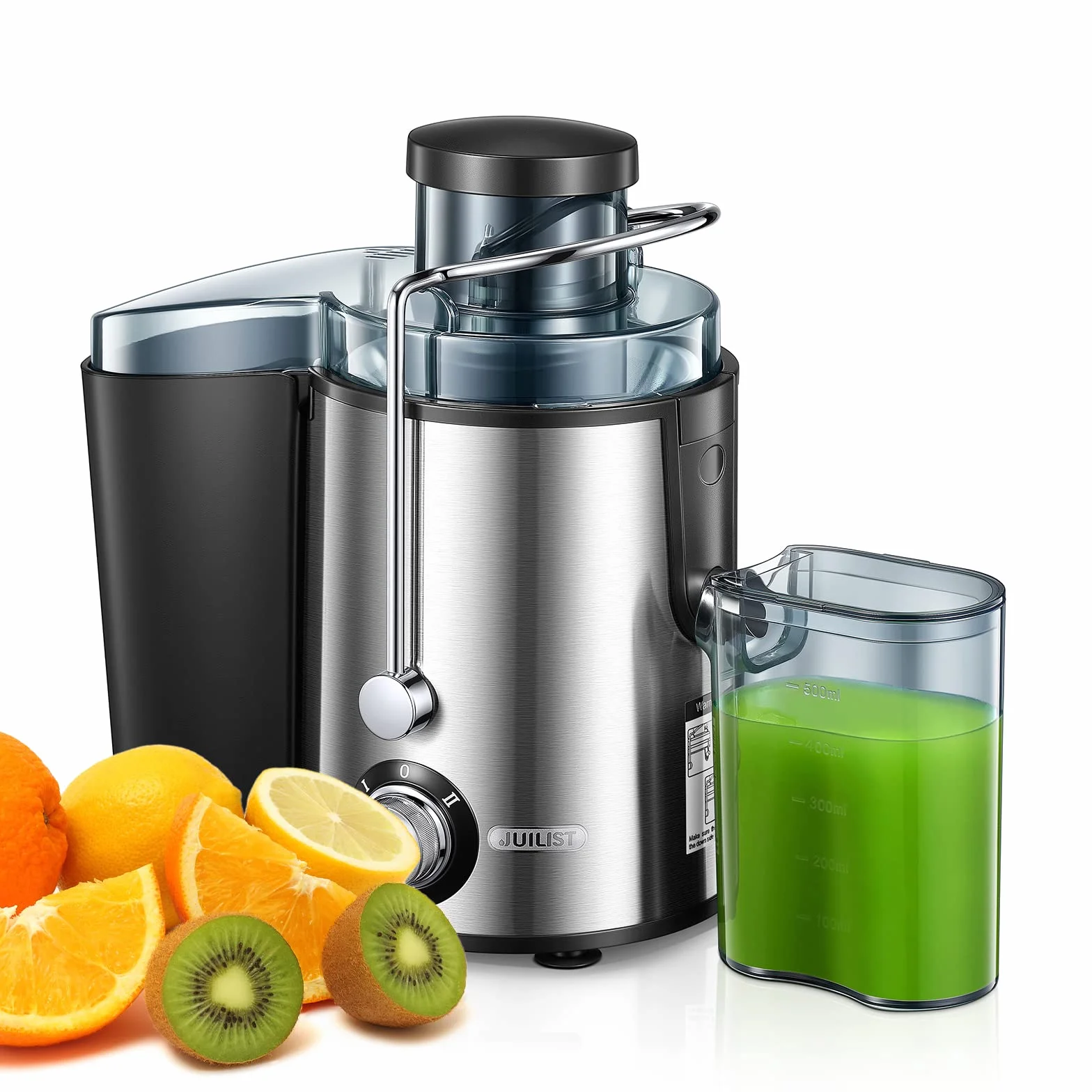Juilist Centrifugeuse Extracteur de Jus 600W, Acier Inox 304, Fruits et Légumes, Grande Bouche 65mm, 2 Vitesses, Facile à Nettoyer, Brosse & Recette Inclus