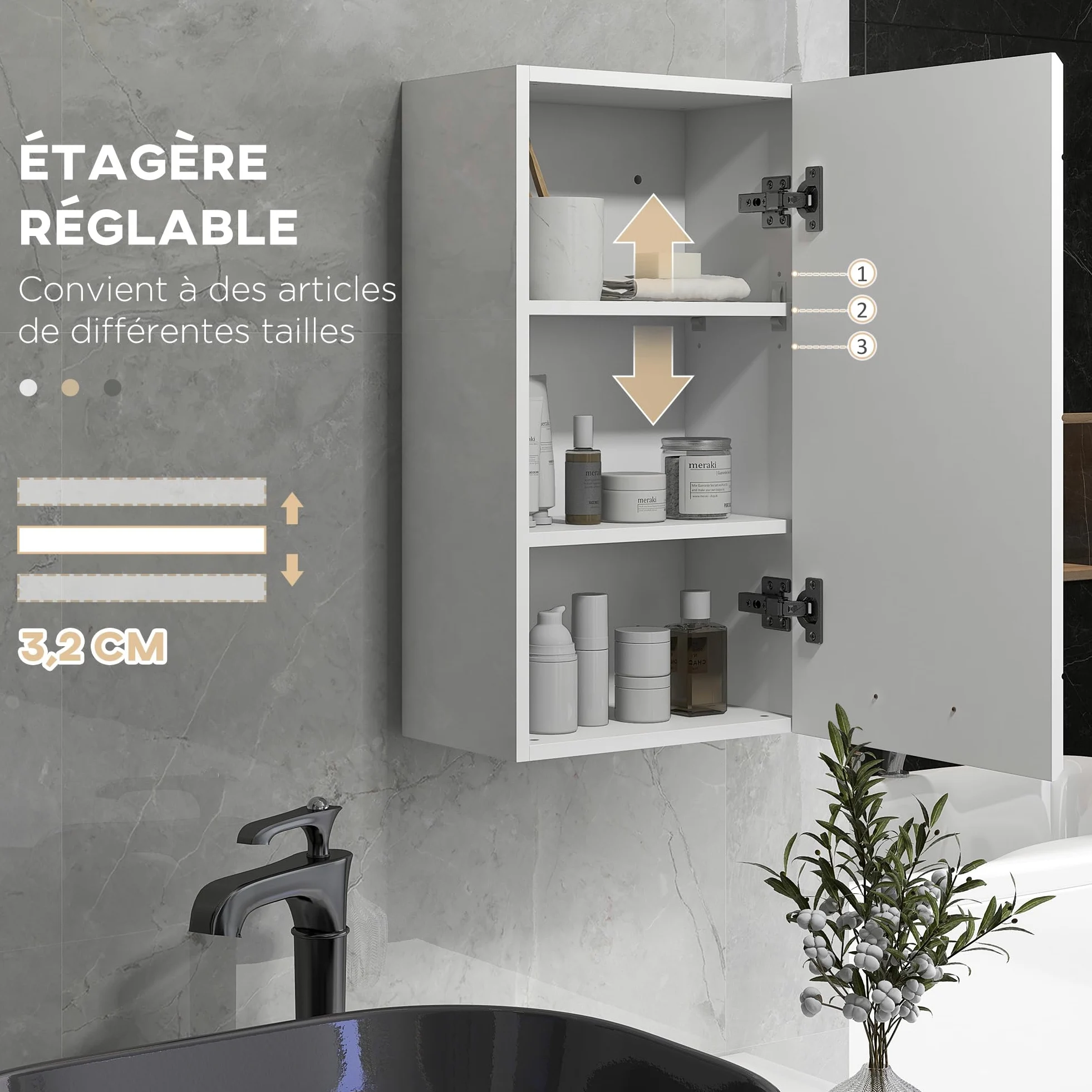 kleankin Armoire Murale de Salle de Bain, Placard de Rangement Toilette 3 Niveaux, étagère réglable, 1 Porte, Moderne, Armoire Suspendue, 37 x 22,5 x 70 cm, Blanc Haut Brillant