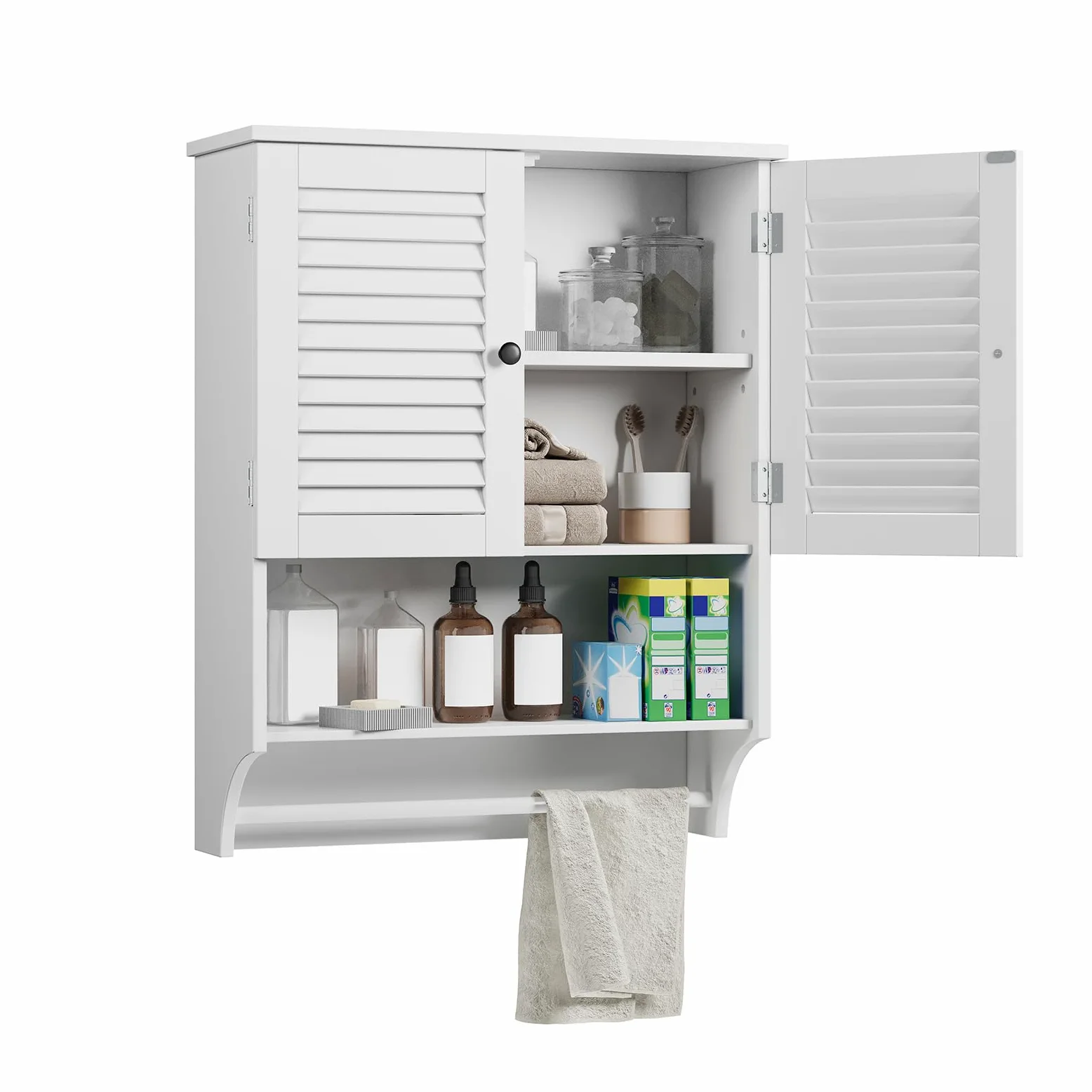 Meuble Salle de Bain Mural 2 Portes, Étagères Réglables avec Barre à Serviettes Blanc