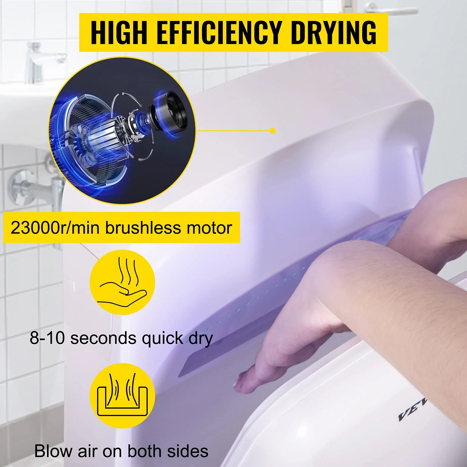 VEVOR Sèche-Mains Automatique 2000W Sèche Main Air Pulsé Électrique Commercial ABS Super Puissant Filtration HEPA 43℃ Moteur à Balais Carbone pour Sécher Séchage Mains Toilettes 290x220x685 mm Blanc