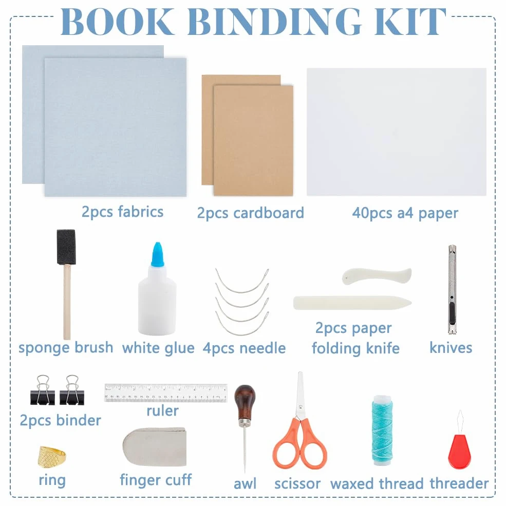 WEBEEDY Bricolage Kit de Reliure à Long Point 61 Pcs Kit de Reliure à Main comprenant Pince à Os, Poinçon à Papier, Aiguilles à Gros Yeux, Fil de Cire, Colle, Règle, 15X21cm(A5)
