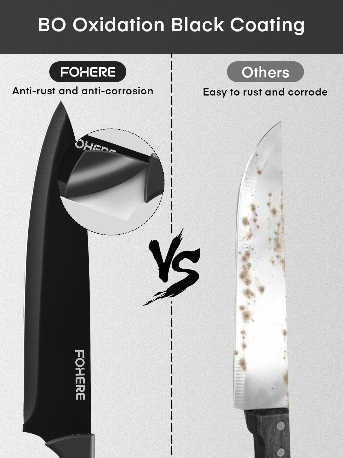 FOHERE Bloc de Couteaux,13 Pièces, Couteau Cuisine avec Affûteur Intégré, Acier Inoxydable, Ensemble de Couteaux avec Poignée en PP, avec Bloc Couteaux en Plastique, Granit Noir