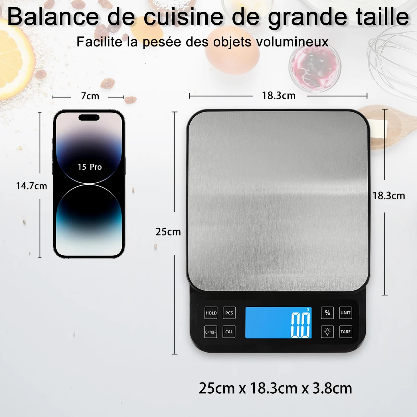 BOMATA Balance de cuisine grande taille, précision de 0,1 g, balance de boulangerie de 5 kg fonction pourcentage, rechargeable par USB, écran LCD à angle complet avec rétroéclairage, Noir et Argent