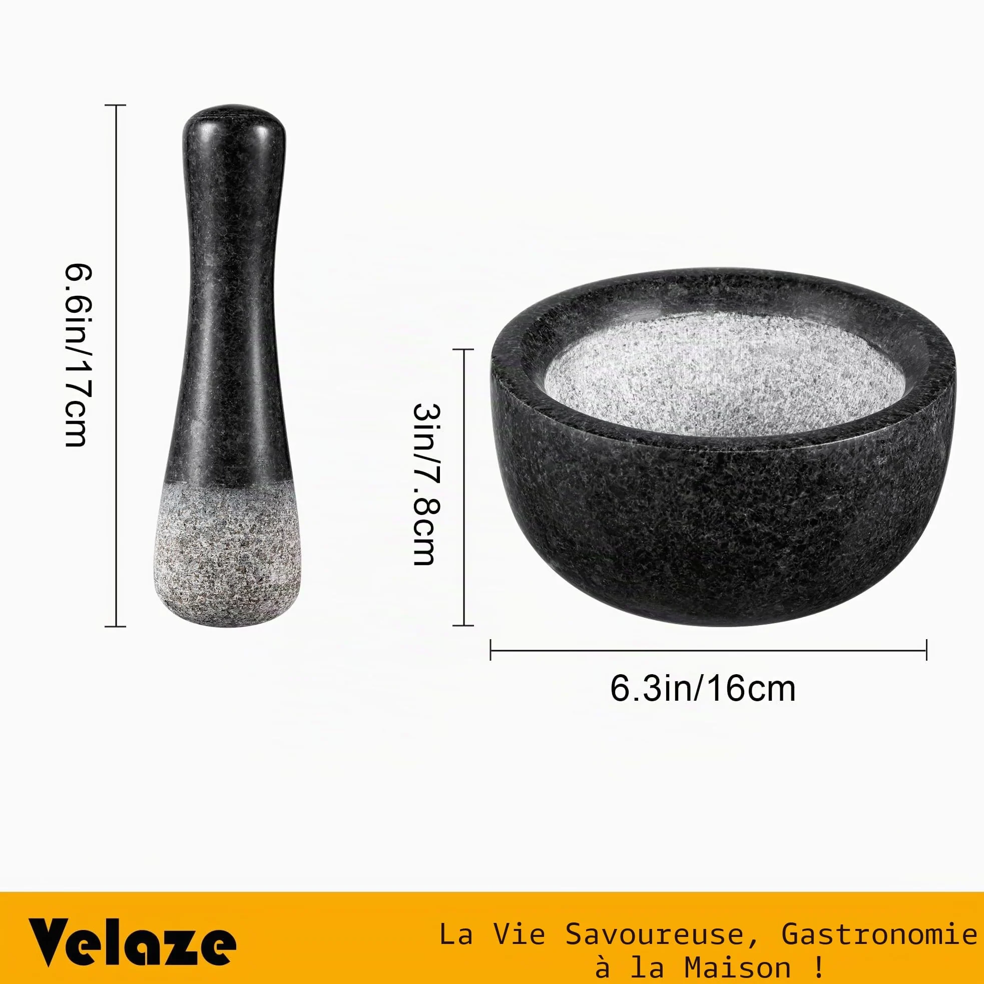 Velaze Mortier et Pilon Cuisine en Granit, pour Epices et Herbes, Diamètre de 16cm, Emsemble de Mortier, Poli Pierre Naturelle