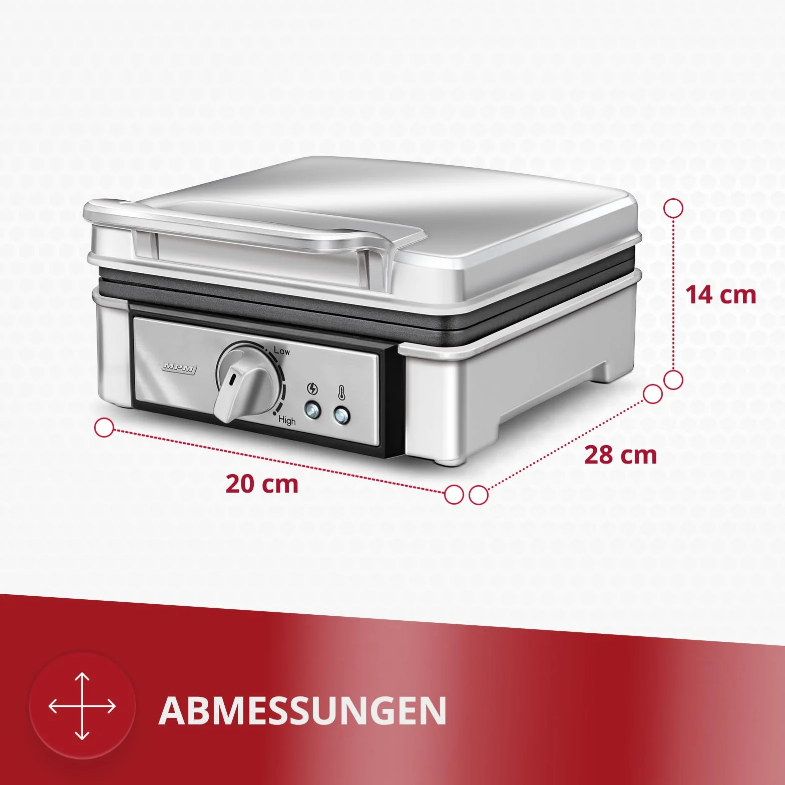 MPM MGO13 Gaufrier Professionnel pour 2 Gaufres Belges Épaisses, Plaques Antiadhésives, Régulateur de Température, Boîtier en Acier Inoxydable, 1400W
