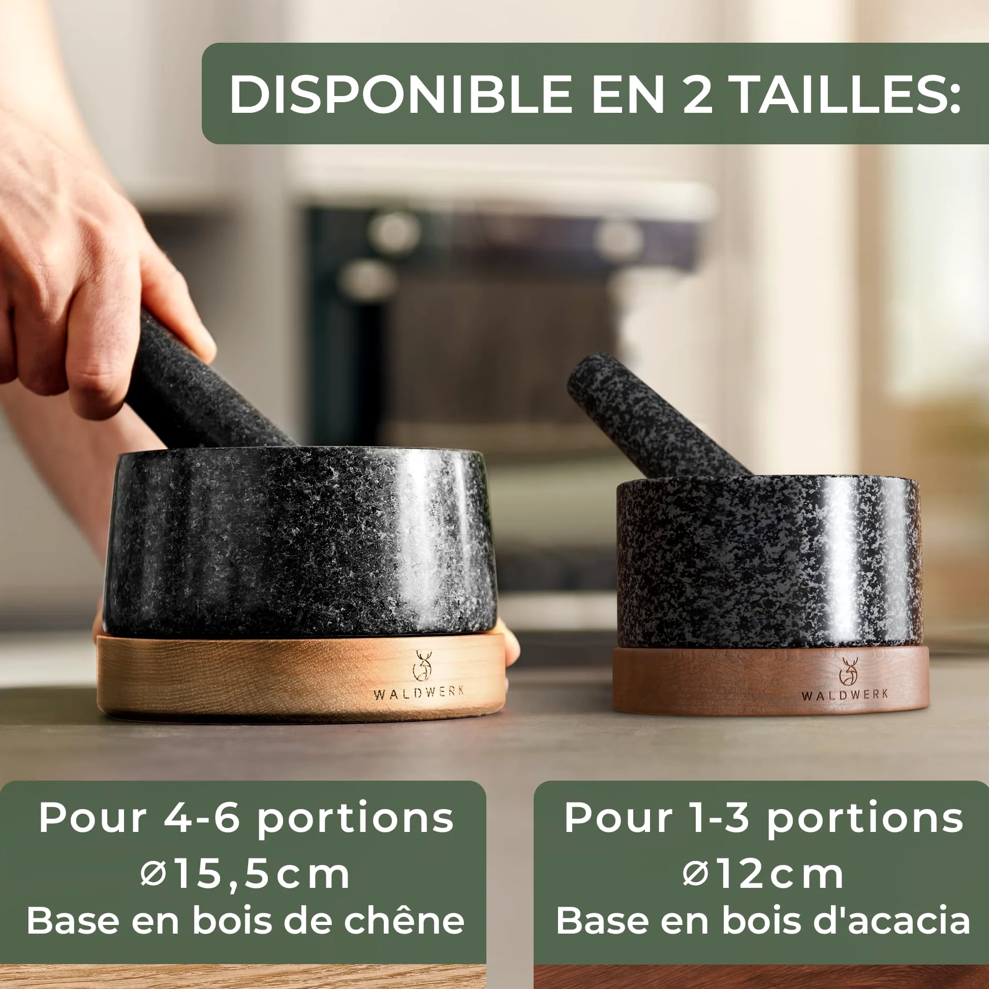 WALDWERK Mortier avec Pilon pour Cuisine (diamètre de 12 cm) - Mortier avec Base en Bois d’Acacia Élégante et Solide - Pilon du Mortier Extra Long en Granit Naturel
