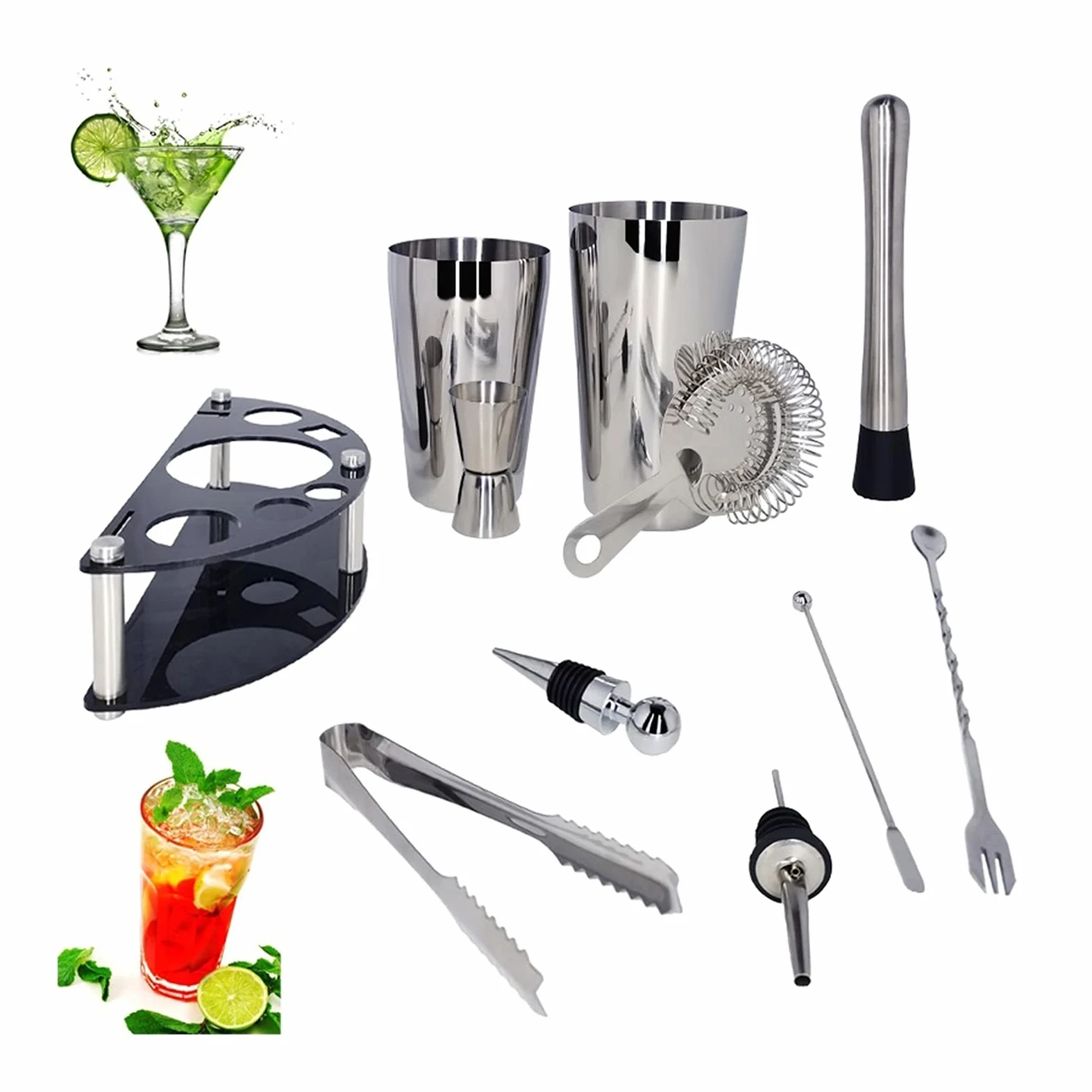 Shaker Cocktail Cocktail Shaker Set Set Boston Bartender Kit avec Support en Acier Inoxydable Cocktail Shaker Professional Home Bar Outils Boissons Accessoires de fête Set à Cocktail (Color : 11Pc 75