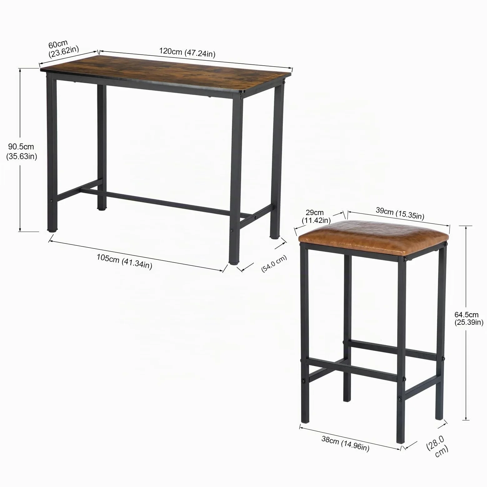 buybyroom Ensemble de 5 Tables de Salle à Manger, Table de Salle à Manger en marbre avec 4 tabourets de Bar 120x60x90.5cm Table de Bar avec Tabouret de Bar 29x39x64.5cm Table de Cuisine chaises, Noir