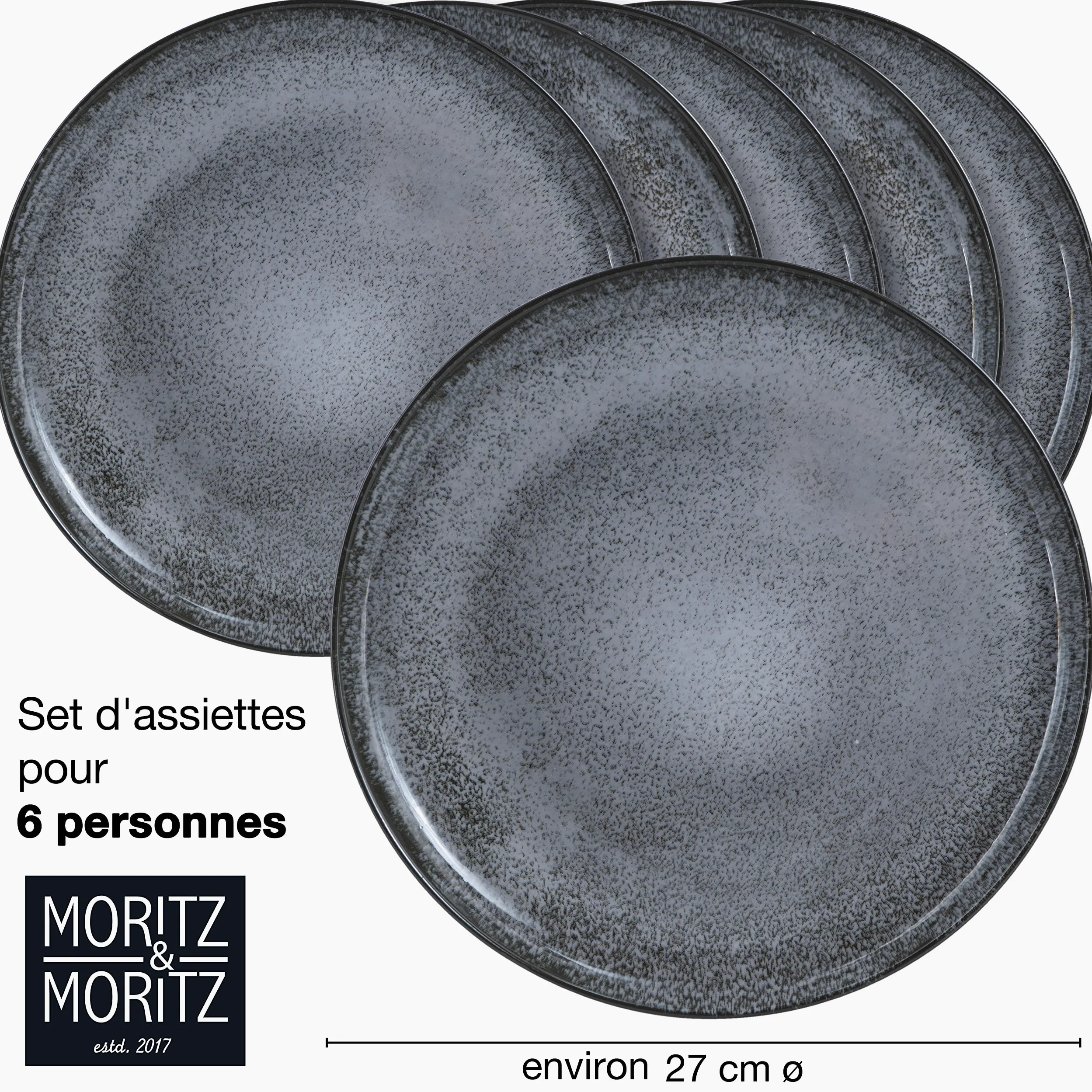 Moritz & Moritz VIDA Lot de 6 assiettes à dîner Anthracite - Assiettes pour 6 personnes - Porcelaine passe au lave-vaisselle et au micro-ondes