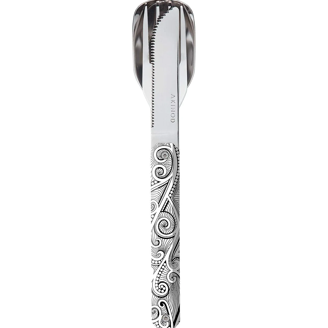 Akinod - Couverts Droits Aimantés 12H34 Arabesques - Fourchette, Couteau, Cuillère en Acier Inoxydable - Assemblage Aimanté - Nomades Compacts, Durables et Élégants