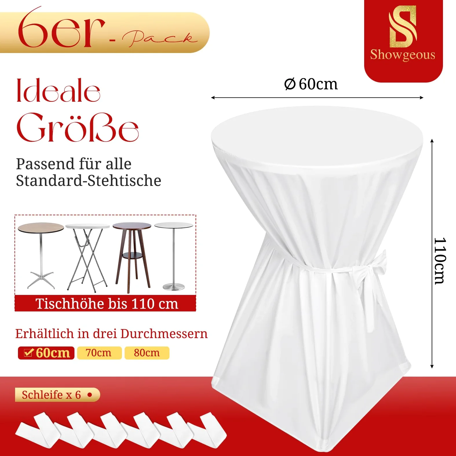 Showgeous Lot de 6 Housses de Table de Bar Premium 60 cm Blanches Housses de Table pour Tables de Bar 60 cm Housse de Table de Bar, Nappe de Table de Bar Antidérapante et Lavable Ruban