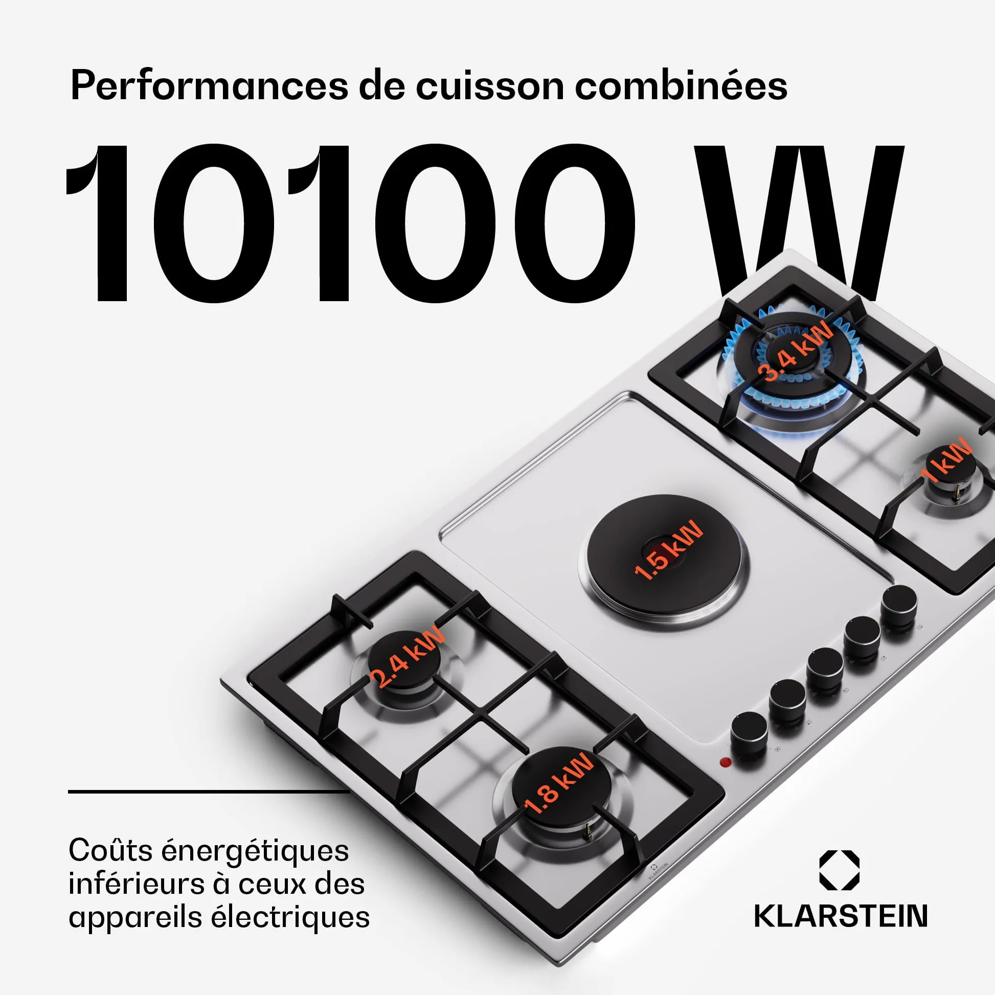 Klarstein MultiChef 5 Plaque De Cuisson Gaz Et Électrique, 4 Brûleurs Gaz & 1 Électrique, 10.1Kw, Acier Inoxydable, Allumage & Arrêt Automatique, Sécurité Enfants, Compacte 87X8X50Cm