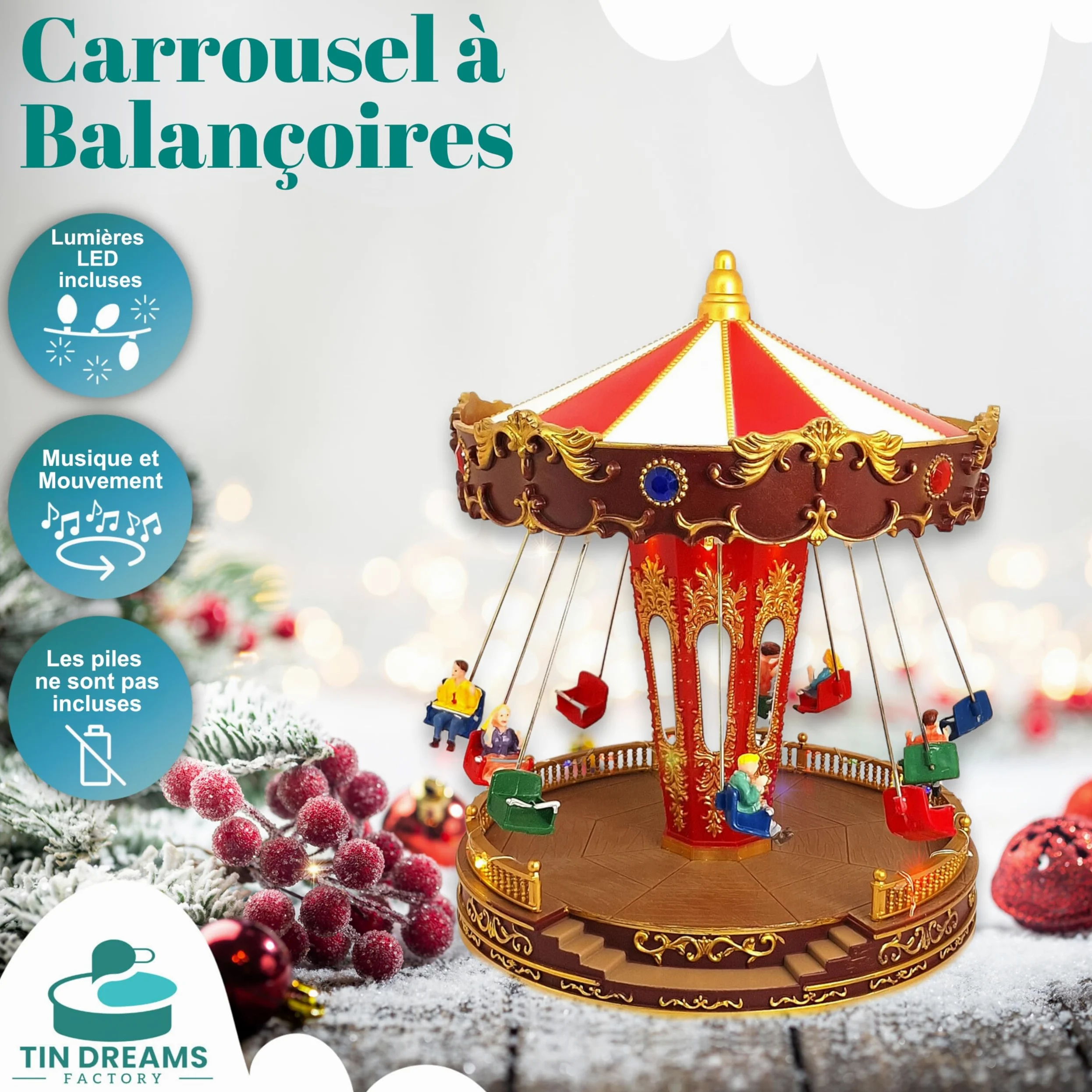 TIN Dreams | Carrousel de Noël Musical avec Mouvement, Lumières LED et Balançoires | Manège de Noël Animé | Décoration Village de Noël, Scène Miniature, Maison Illuminée | Déco Christmas Élégant