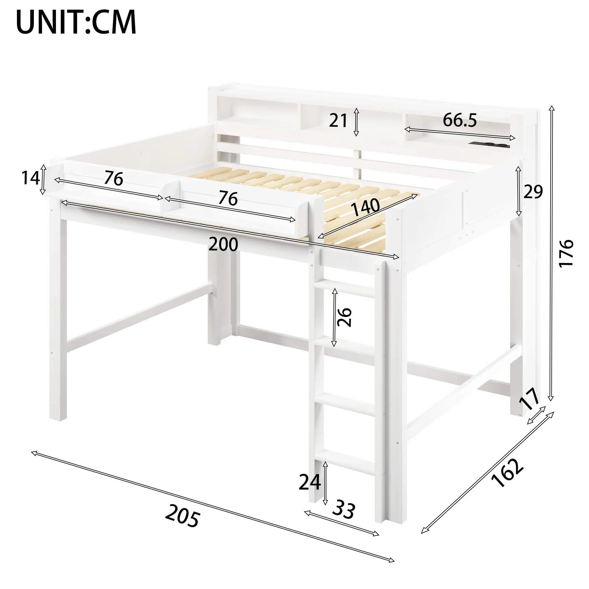 Lit Superposé Enfant 140x200cm avec éclairage LED et Port USB,Lit Mezzanine 2 Place en Bois avec rangements,Garde Corps,lit Jeune duoble,Cadre de lit Double,sans Matelas,Blanc