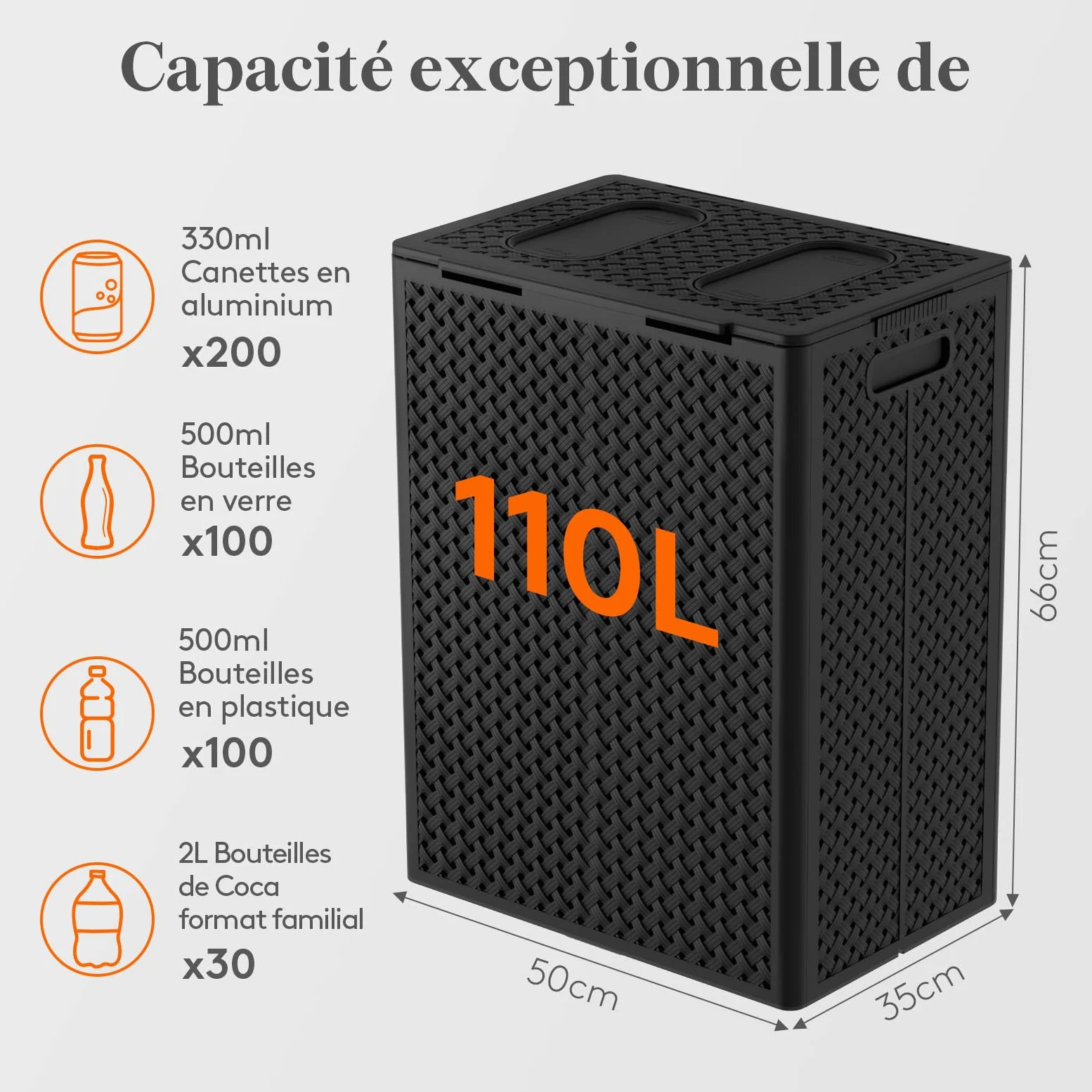 Lifewit Poubelle Recyclage 110 L, Collecteur de Bouteilles 2 Compartiments avec Couvercle et 2 Ouvertures, Poubelle Tri Selectif avec 2 Sacs Amovibles pour Plastique, Verre, Canettes, Noir