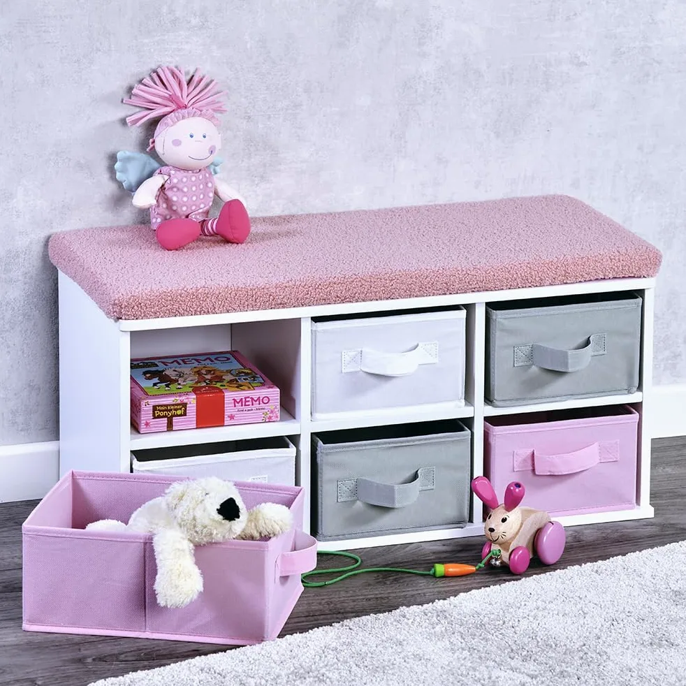 Kesper | Banc pour Enfants avec Coussin d'assise, matériau : Panneau de Fibres certifié FSC, Dimensions : 68 x 29,5 cm, Hauteur : 33 cm, Couleur : Blanc, Gris, Rose | 17739 13