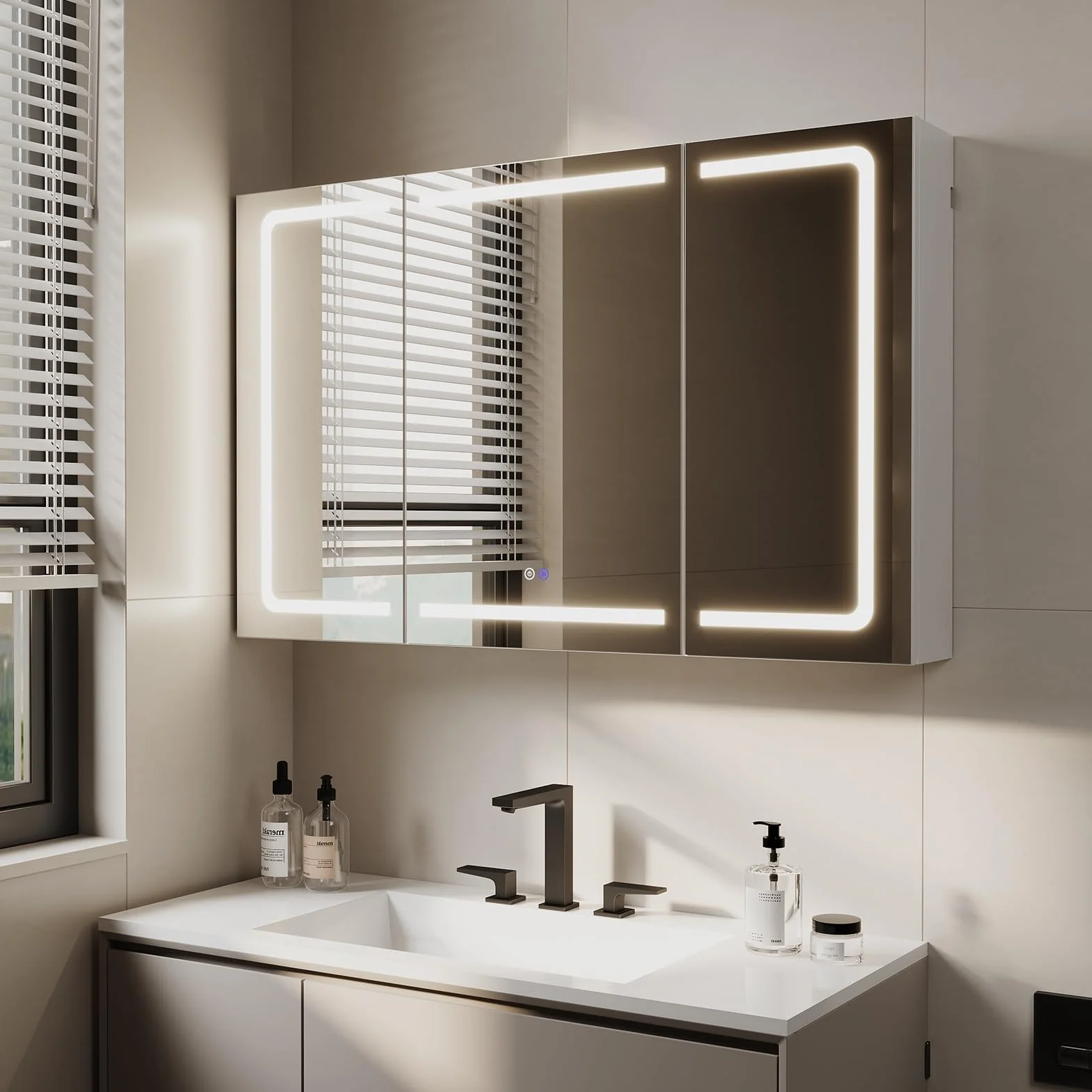 TRIUMPHKEY Armoire de Toilette avec Éclairage, 120 x 75 cm, Design Pliant 3 Panneaux, LED Dimmable, Charnières à Fermeture Douce, Anti-Buée, Prises Intégrées & USB, 5 Niveaux de Rangement