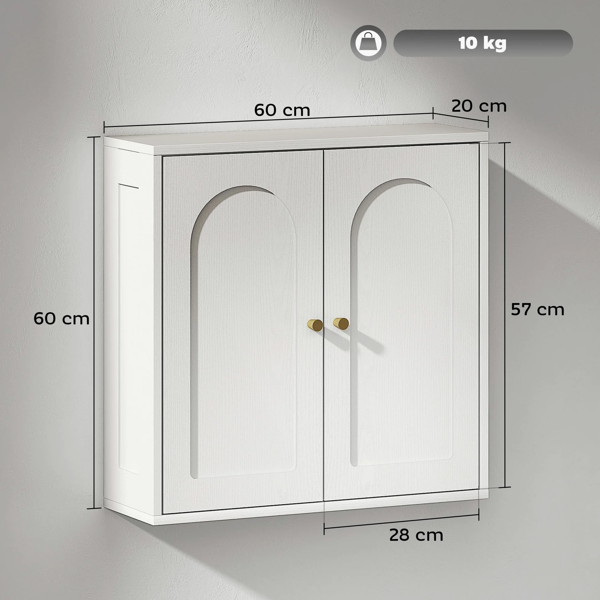 HOMCOM Armoire Murale, Meuble Haut Salle de Bain Style Moderne avec Placard à Double Porte et poignées dorées, Meuble de Salle de Bain Suspendu, 60 x 20 x 60 cm, Blanc