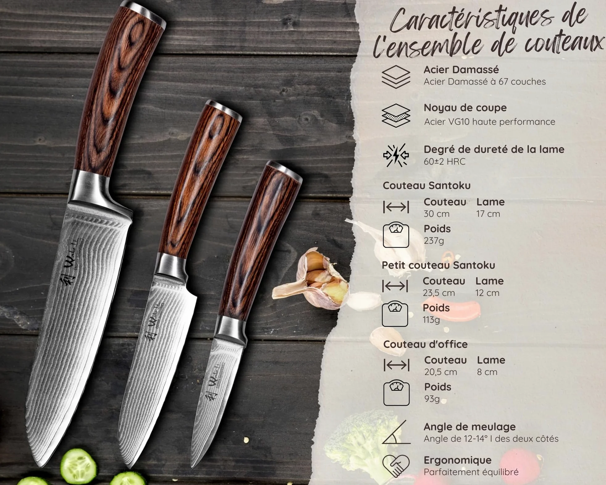 Wakoli Edib Set de 3 couteaux en Damas I Lames en acier damassé à 67 couches avec noyau VG10 et manches en bois de pakka I Couteaux de cuisine professionnels & couteaux damassés dans une boîte en bois