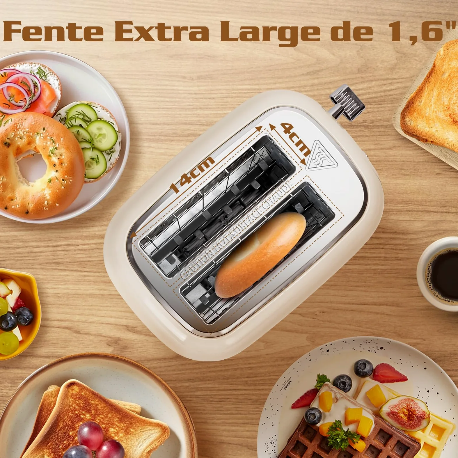 Aigostar Grille Pain, 2 Fentes Extra-Larges, Vintage Inox Crème, 6 Niveaux de Dorage, Fonction Bagel/Décongélation/Réchauffage/Annulation, Tiroir Ramasse-Miettes Amovible, 800W. Cream