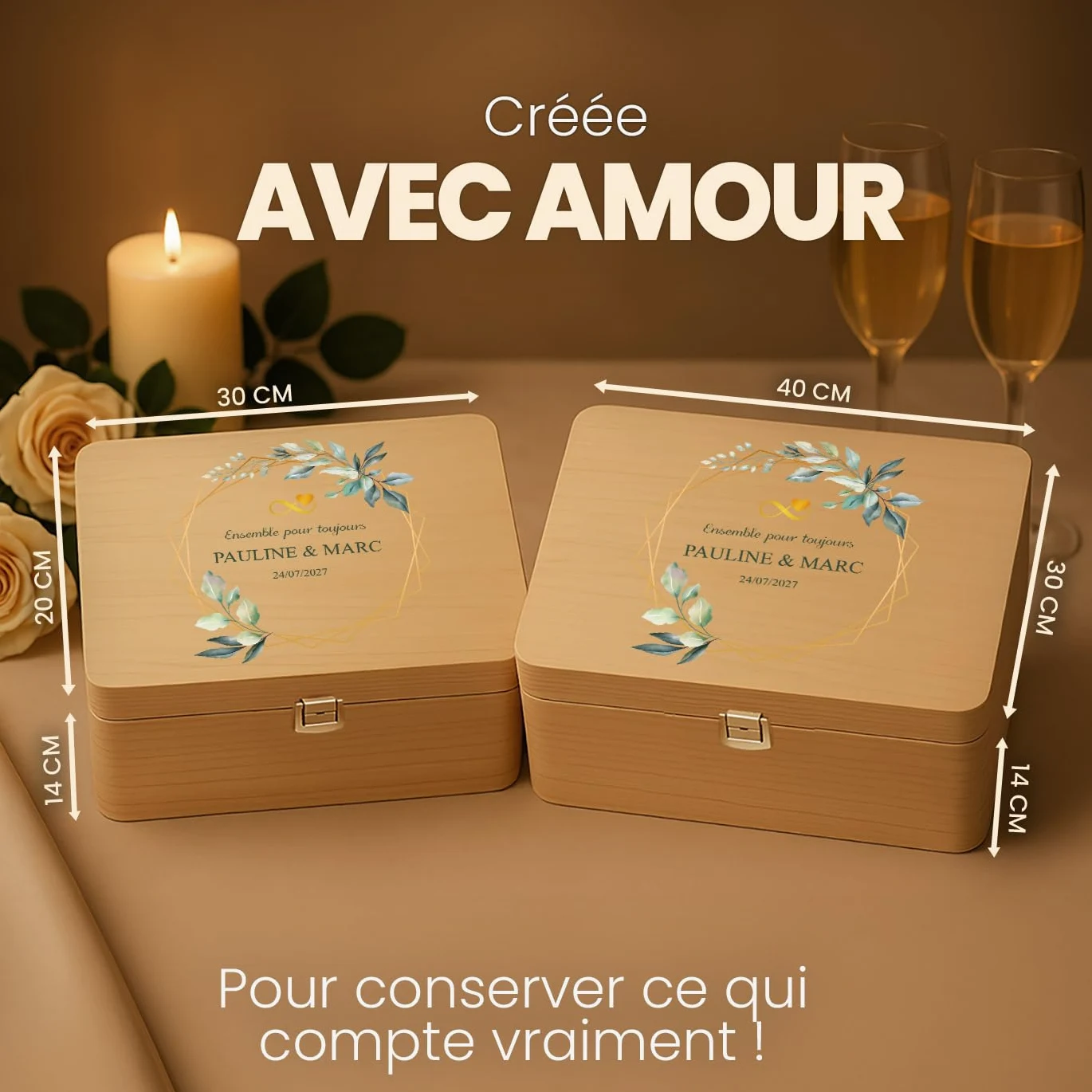 Maverton Boite a Souvenir Personnalisable - Cadeau Personnalisé pour couple - L/XL Boite de Rangement avec Couvercle en Bois de Pin Naturel - Cadeau Noel - Cadeau Mariage Anniversaire Amoureux