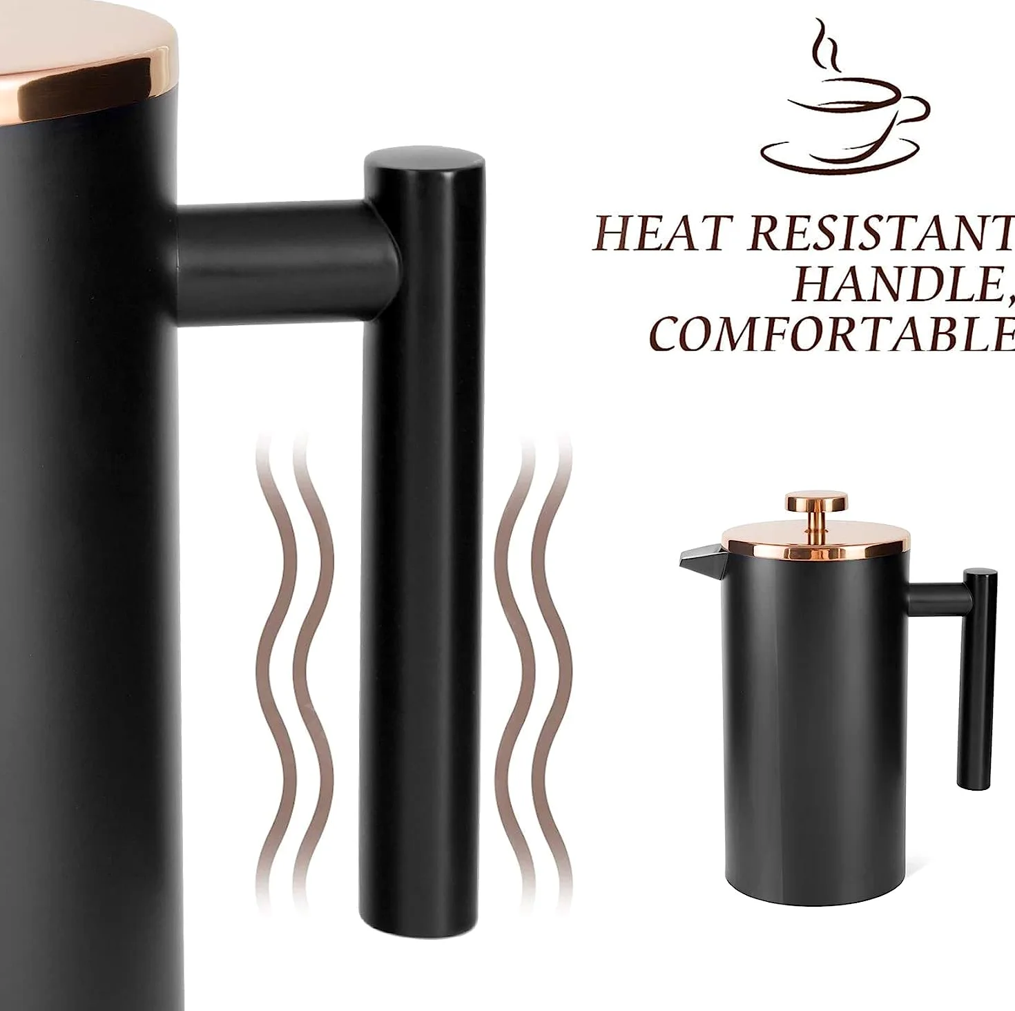 Grande cafetière à piston isotherme en acier inoxydable de 1,5 l, double paroi pour garder le café et le thé au chaud, bonus avec 2 filtres à café - Noir (1500 ml)