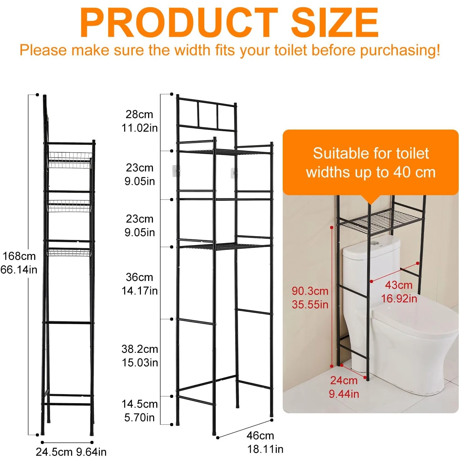 Meuble WC, Meuble Salle de Bain Rangement à 3 Niveaux, Étagère WC Autoportante en Métal, Rangement au-Dessus des Toilettes ou Lave-Linge Peu Gain de Place, Montage Facile Etagere, Noir