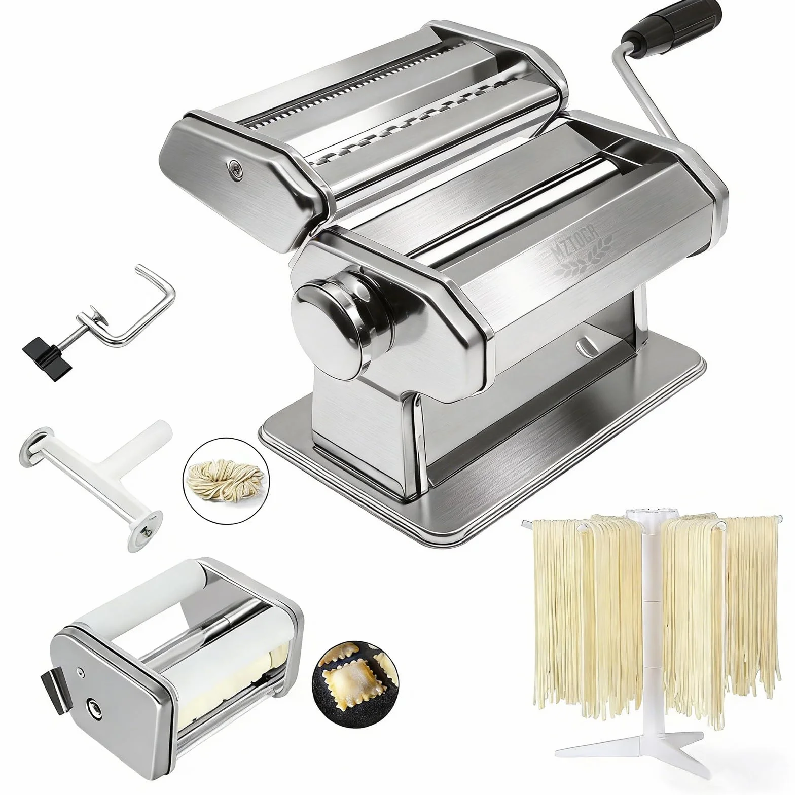 MZTOGR Machine à pâtes et raviolis, lot de 6 pièces en acier de 150 mm avec 9 réglages d'épaisseur réglables, avec accessoire pour raviolis, égouttoir à pâtes