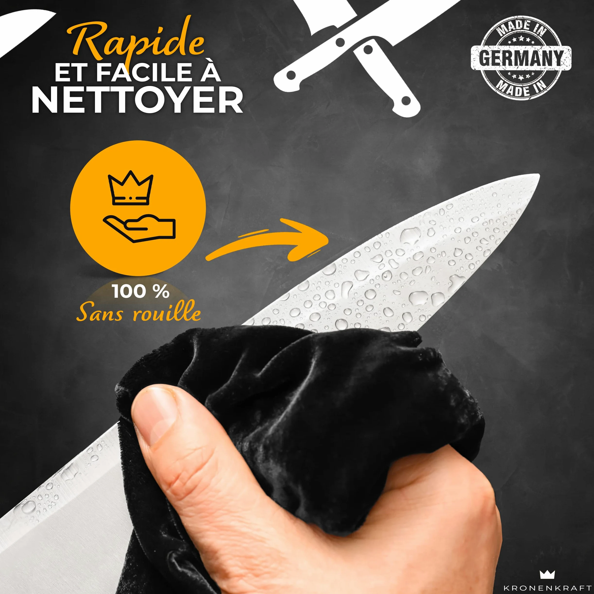 Set de Couteaux KRONENKRAFT® de 9 Pièces - Inclut Couteau de Chef, Couteau Santoku, et Plus - Fabriqué en Acier Allemand, Manche en Bois Pakka - Idéal pour Cuisine Professionnelle