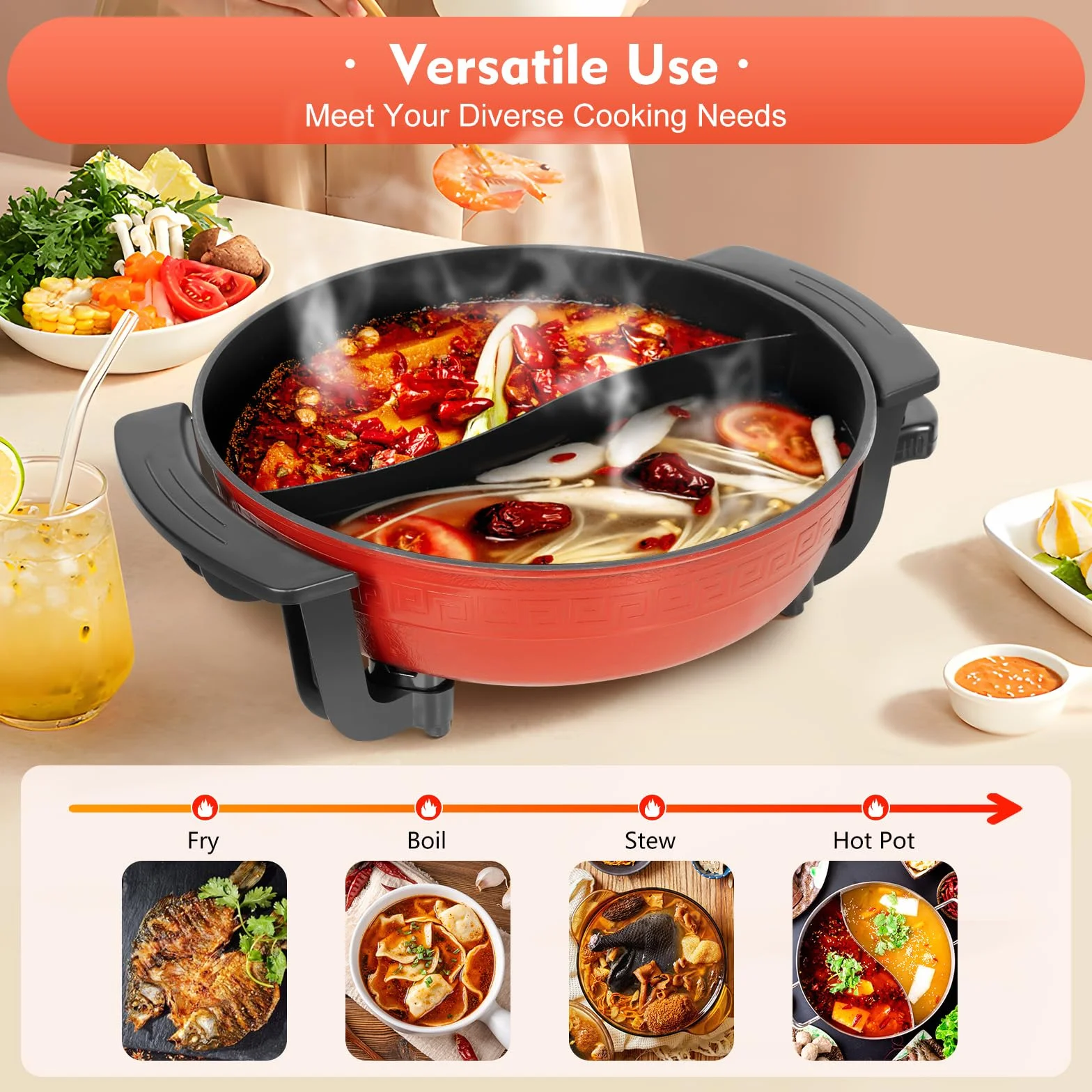 Hot Pot électrique 6L Hotpot Topf Doppelseitig Pot électrique 220V 1350W Poêle à fondue électrique avec couvercle antiadhésif Pot chaud chinois pour 3-5 personnes