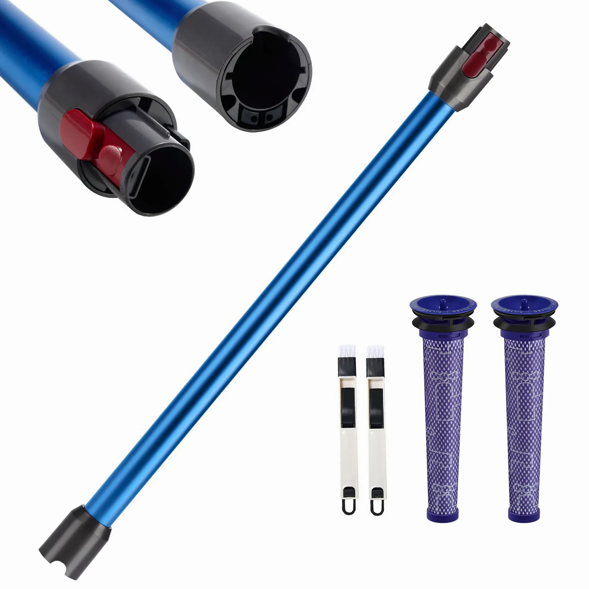 Tube d'Extension Télescopique Dyson Compatible V7 V8 V10 V11 V15 - Avec 2 Filtres et Deux Brosses 2-en-1 - Bleu