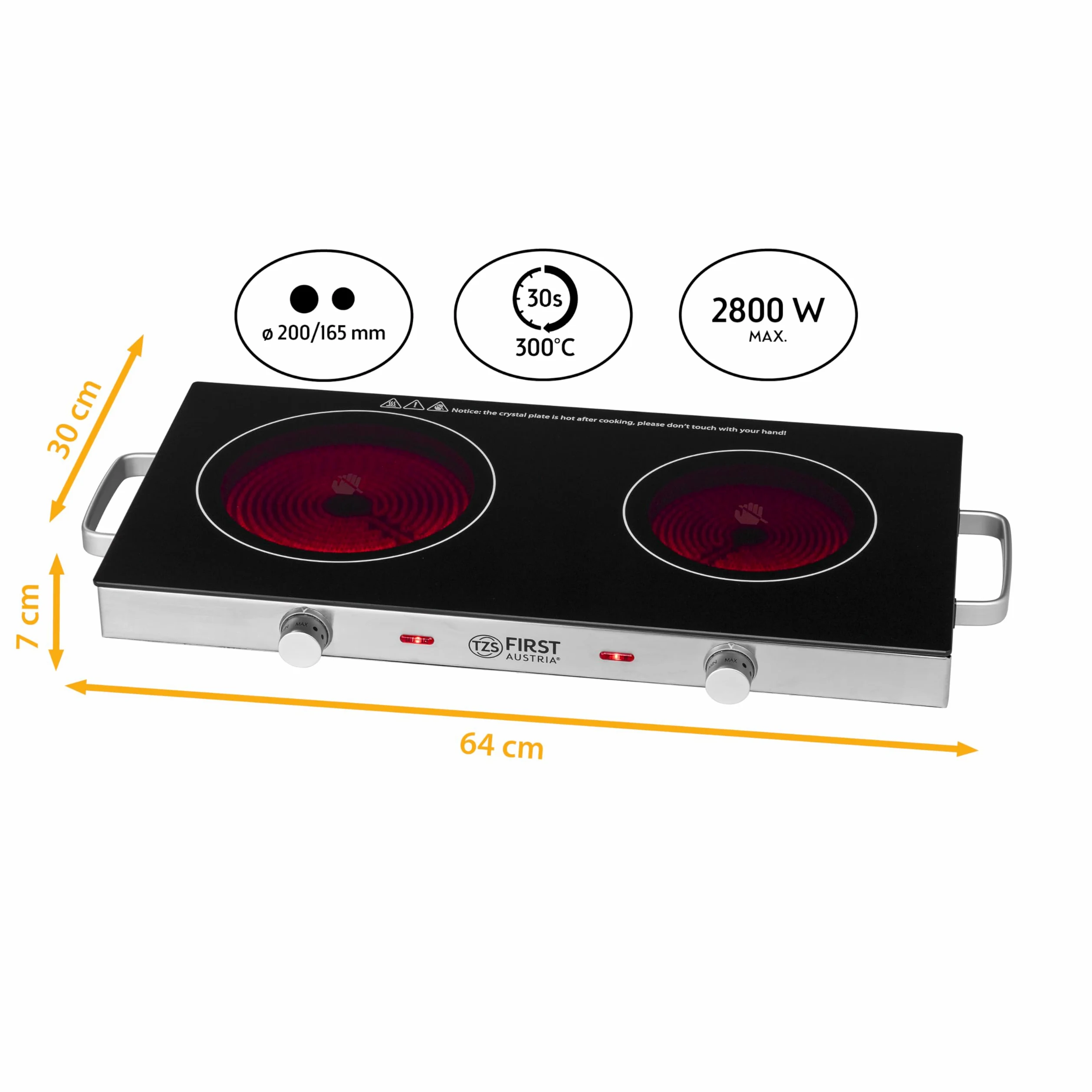 TZS First Austria - Plaque de cuisson double infrarouge vitrocéramique TOUS types de casseroles 2800W - Mini réchaud électrique pour déménagement, camping & maison - Réglage continu et témoin contrôle