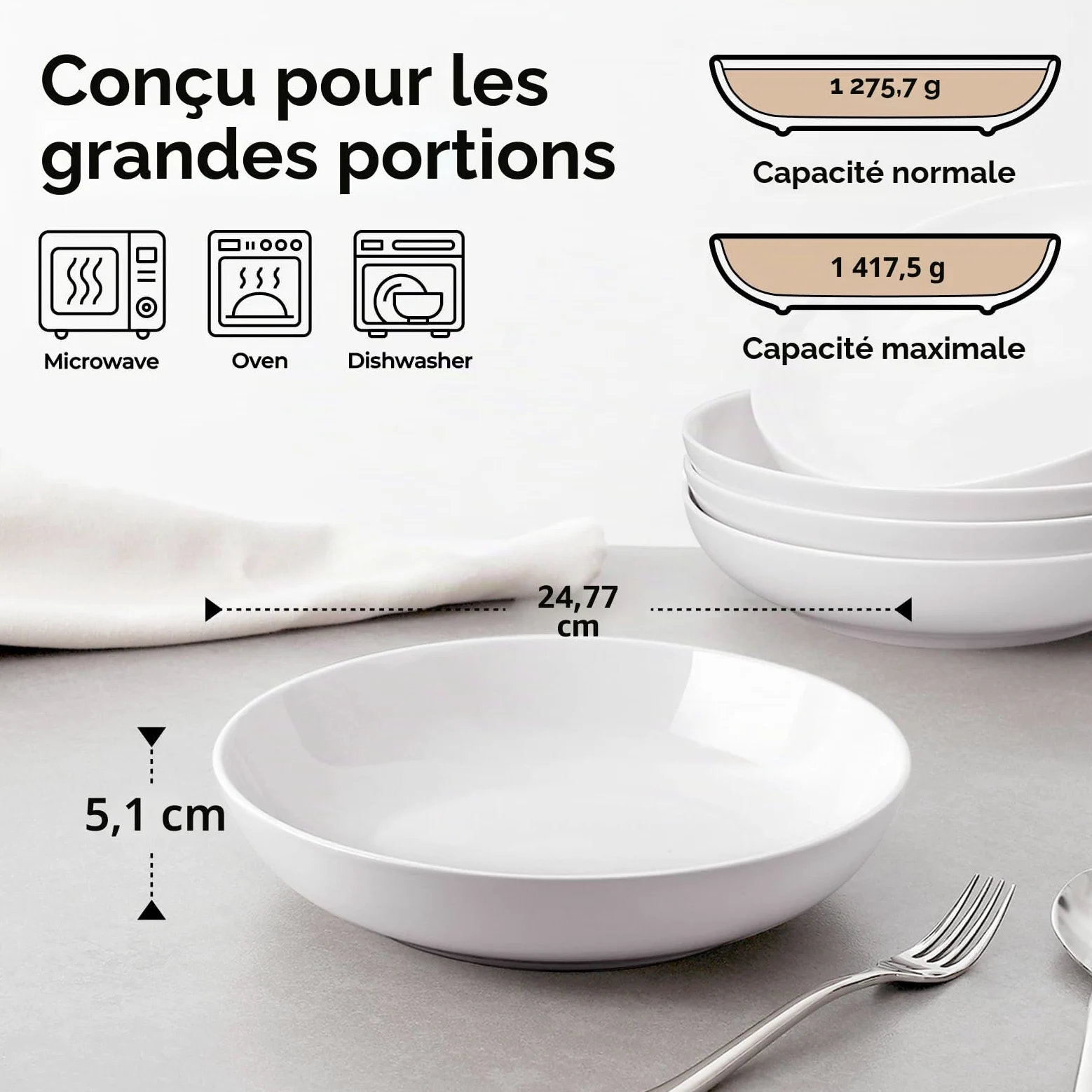 Y YHY Lot de 4 grands bols à pâtes de 24,8 cm, grands bols à salade de 1,4 l, bols de service en céramique, larges et peu profonds, passent au micro-ondes et au lave-vaisselle, blanc