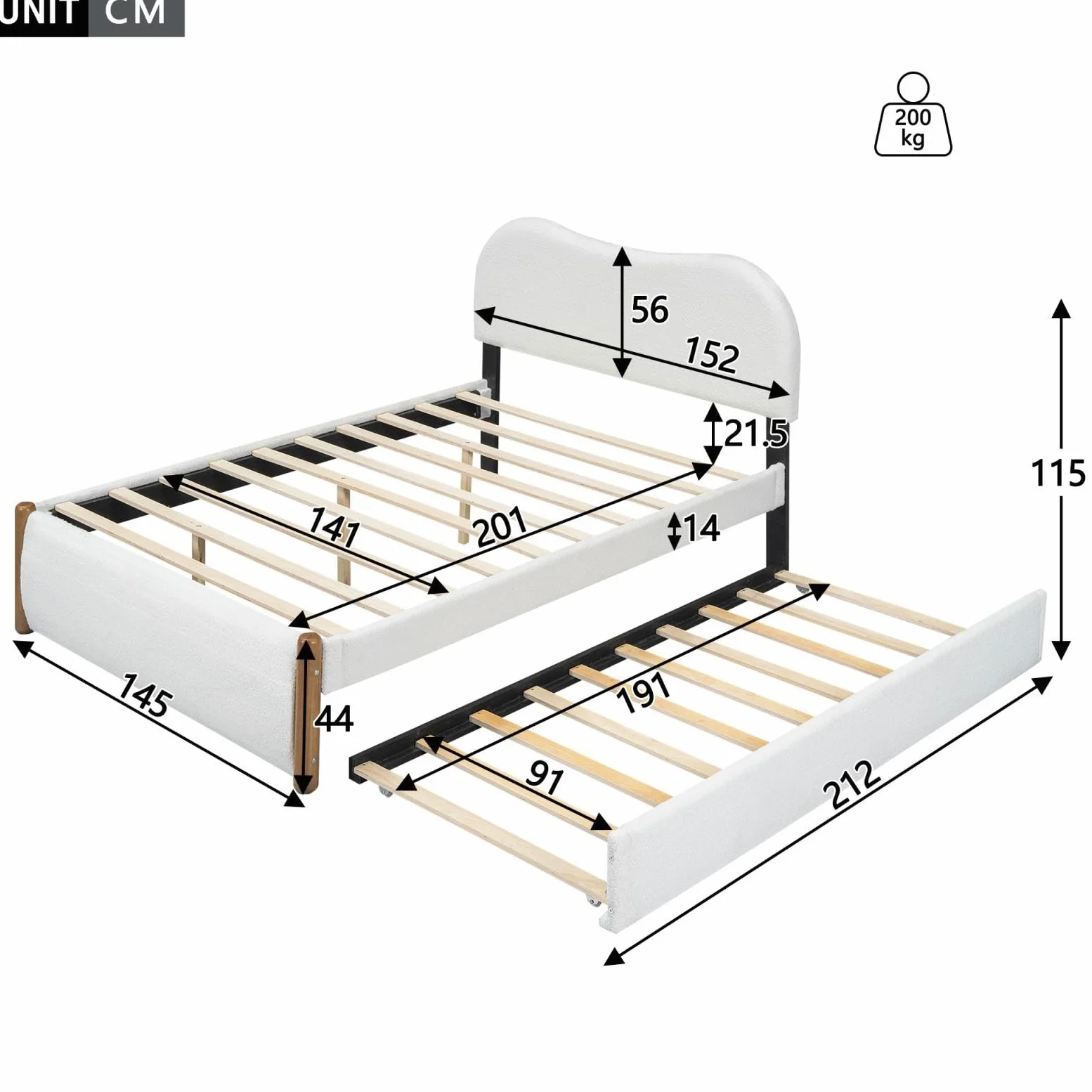 Sweiko Lit Plat 140 * 200cm, lit rembourré en Bois avec lit gigogne Pratique, Cadre de lit pour Enfants,lit Adult Double
