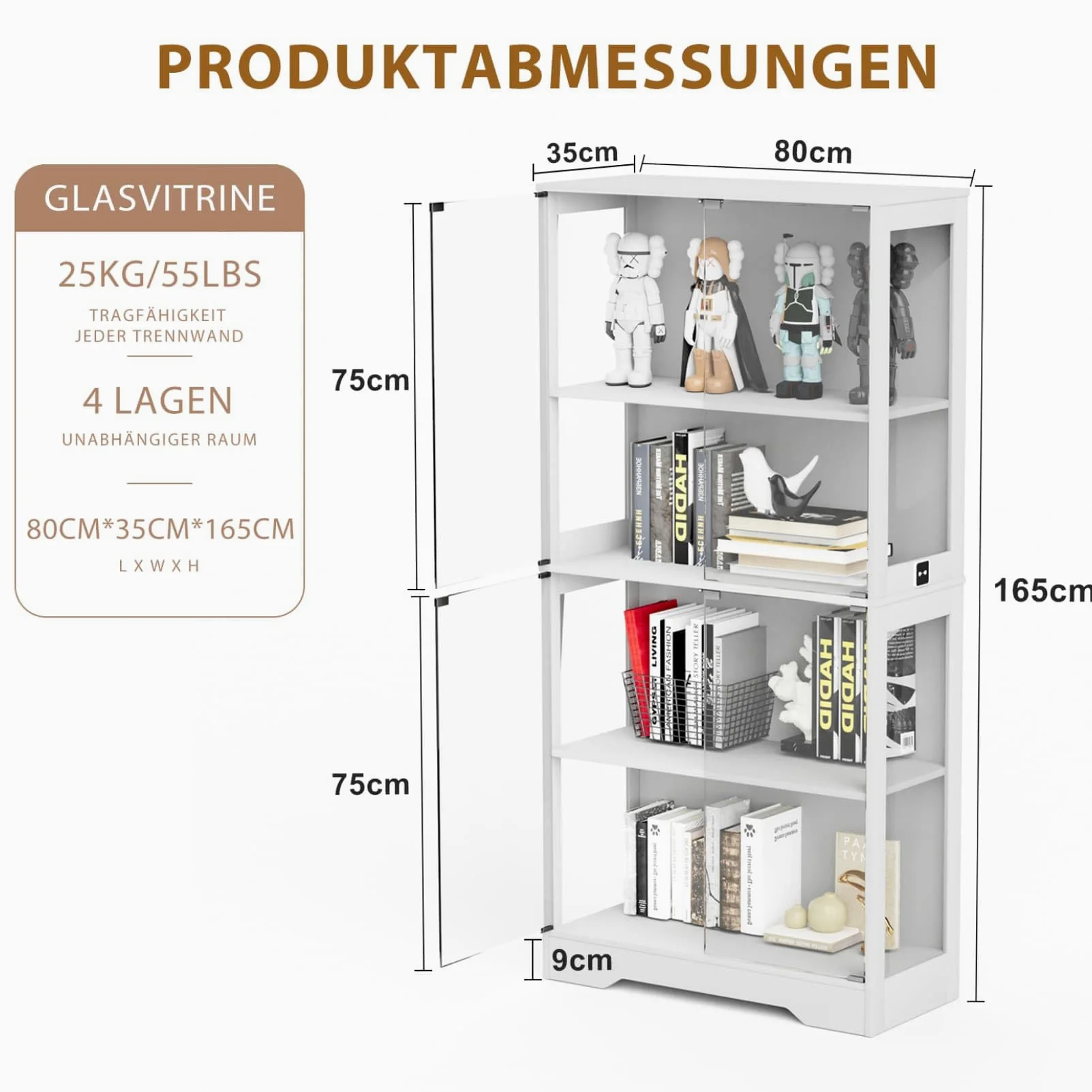 Vitrine en Verre,Vitrine pour Collection avec Lumières LED,Bibliotheque,Buffet Salon,Placard Rangement,Meubles de Rangement,80x35x165cm (Blanc)