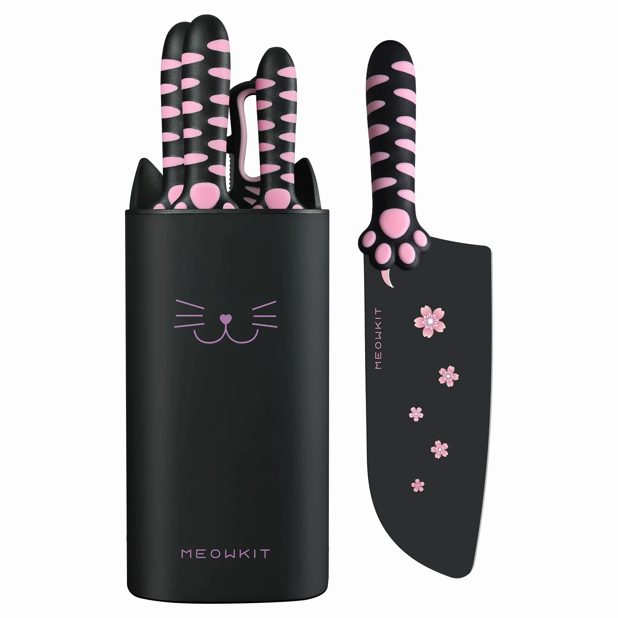 Bloc de Couteaux de Cuisine 5 Pièces, Set de Couteaux Professionnels en Acier Inox avec Ciseaux, Design Patte de Chat, Noir et Rose, Décoration de Cuisine Moderne